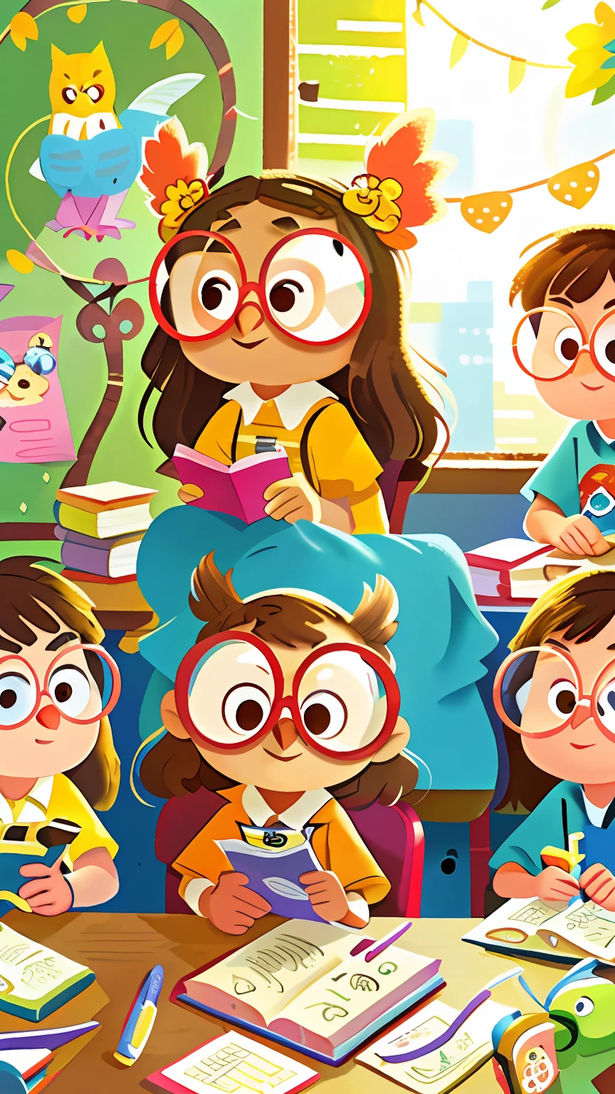 Owl, with glasses, at school, childs in classroom, classroom, perfect quality, clear focus (mess - house: 0.8), (masterpiece: 1.2) (Realistic: 1.2) (Bokeh) (Best quality) (Detailed Skin: 1.3) (Intricate Details) (8K) (Eye Detail) (Sharp Focus)