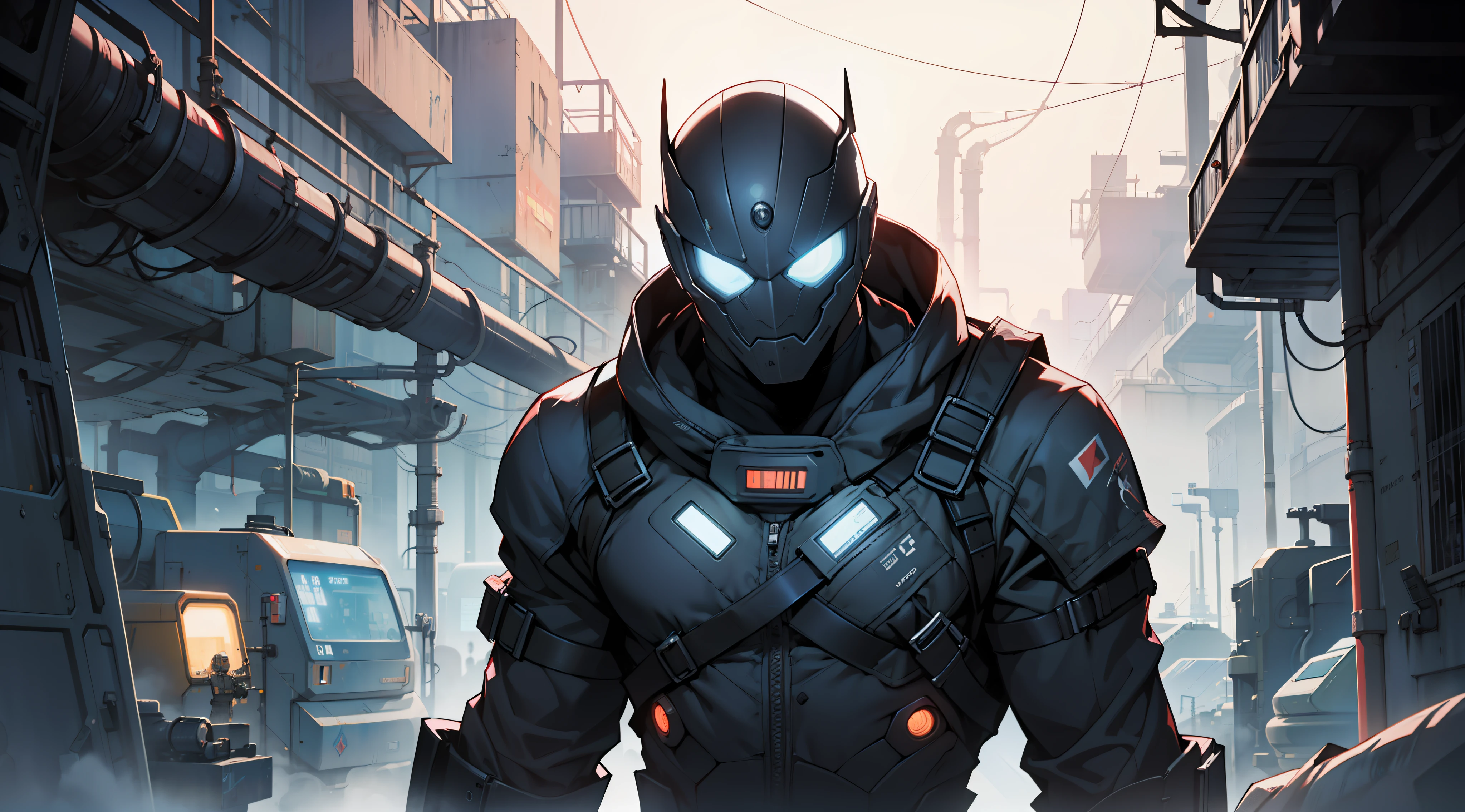 1 homem, sozinho, Soldado Scifi, mascara de gas, olhos brilhantes, (in an industrial area of science fiction), Estilo de terror, parte superior do corpo