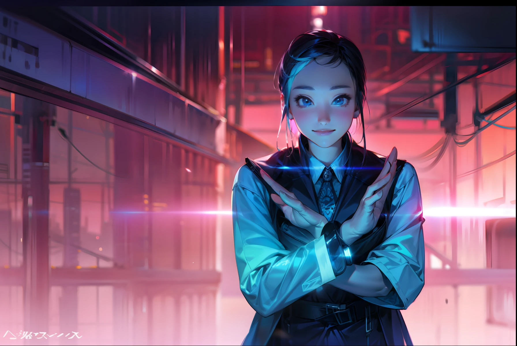 realisitic、glistning skin、Blue eyes、Dynamic lighting、One girl、hight resolution、Crisp focus、depth of fields、夏天、colourfull、Attention to detail、独奏、ultra-detailliert、illustratio、lo fashion、Gazing at the viewer、Beautiful fece、Intricate details、Cinematic light、back lighting、neons、Radiant hair、Short sleeve shorts
In a cyberpunk world where bright lights shine、Beautiful girl posing in front of her chest with her arms crossed in the shape of X。She has a vibrant smile、Exudes optimistic energy for the future。
She wears light-colored short-sleeved shorts and a t-shirt、Futuristic design of clothes creates a cyberpunk atmosphere。On her feet, sparkling neon boots emphasize her personality。
In the background is a futuristic cityscape decorated with bright neon lights.、It has an energetic and upbeat atmosphere。City lights and futuristic buildings harmonize with her pose、It gives us hope for the future。
Her poses are free and dynamic.、Symbolizes a bright future in the cyberpunk world。Her shining hair and blue eyes accentuate her personality、It makes you feel the anticipation of a bright future。
This bright cyberpunk pose is、Convey hope and optimism to viewers、Inspire a sense of adventure for the future。Her charming smile and bright pose are、Arouses the sensation of being fascinated by the world of cyberpunk。