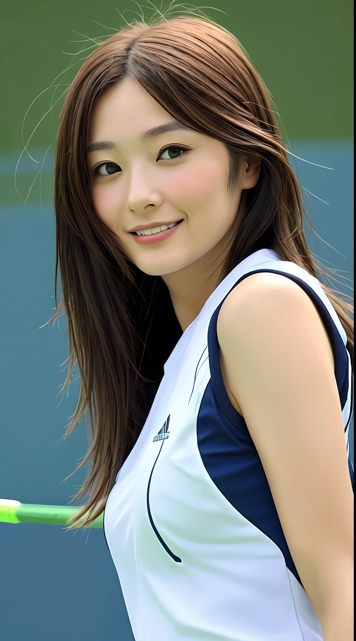(1 cute Japan person)Realistic photos of shoulder length hair、Thin makeup、medium breast size、Face close-up wearing tennis wear、Have a tennis racket、Clear facial features、8K High Resolution、sharp and realistic details、From the outside、Eye level shots、F / 4.0、135 mm、Fuji Film、jpegartifacts、dithering、nffsw、​masterpiece