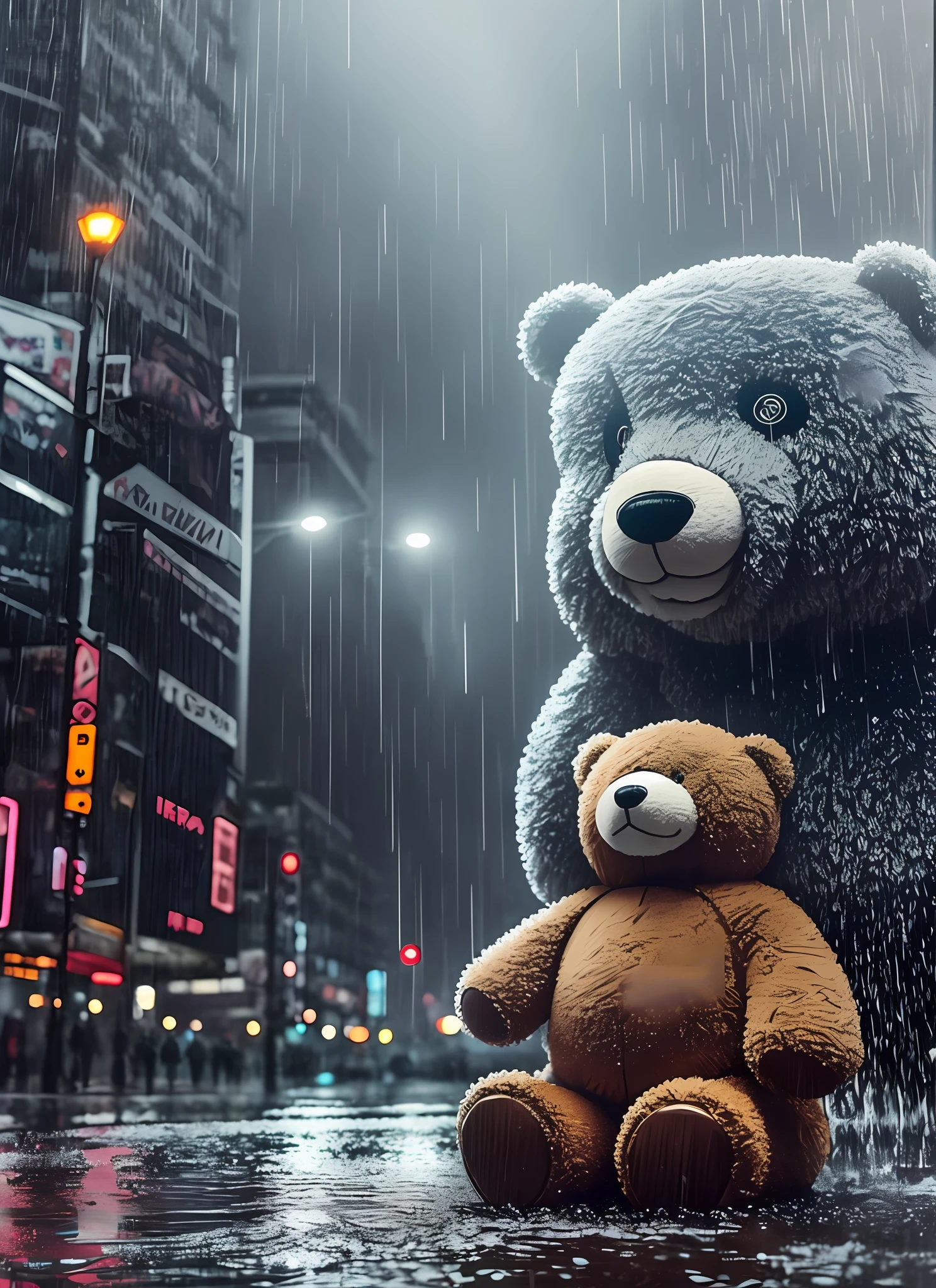 "Soaked plush teddy bear,teddy o filme, bitcoin, (cyber punk perssonage:1.1),rainy days,Epic realism,Lutkovsky,HighDynamicRange,Fine and dense,super detailing,Cinematic picture,rim-light,pastelcolor"。