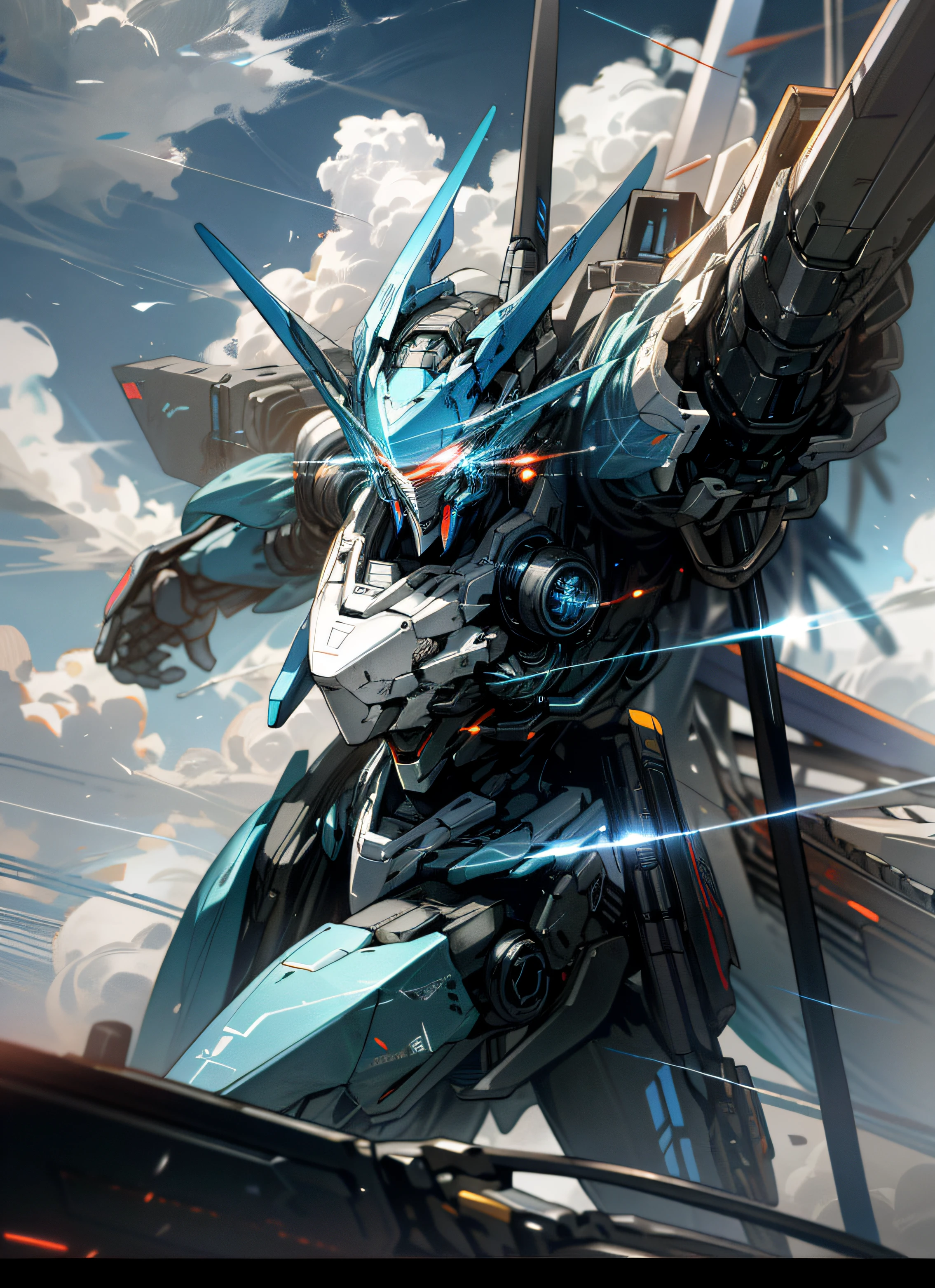 Skysky，​​clouds，holding_weapon，no_humans，with light glowing，blue colors，brightly colored，droid，buliding，glowing_eyes，mecha，scientific fiction，城市，Realistis，mecha