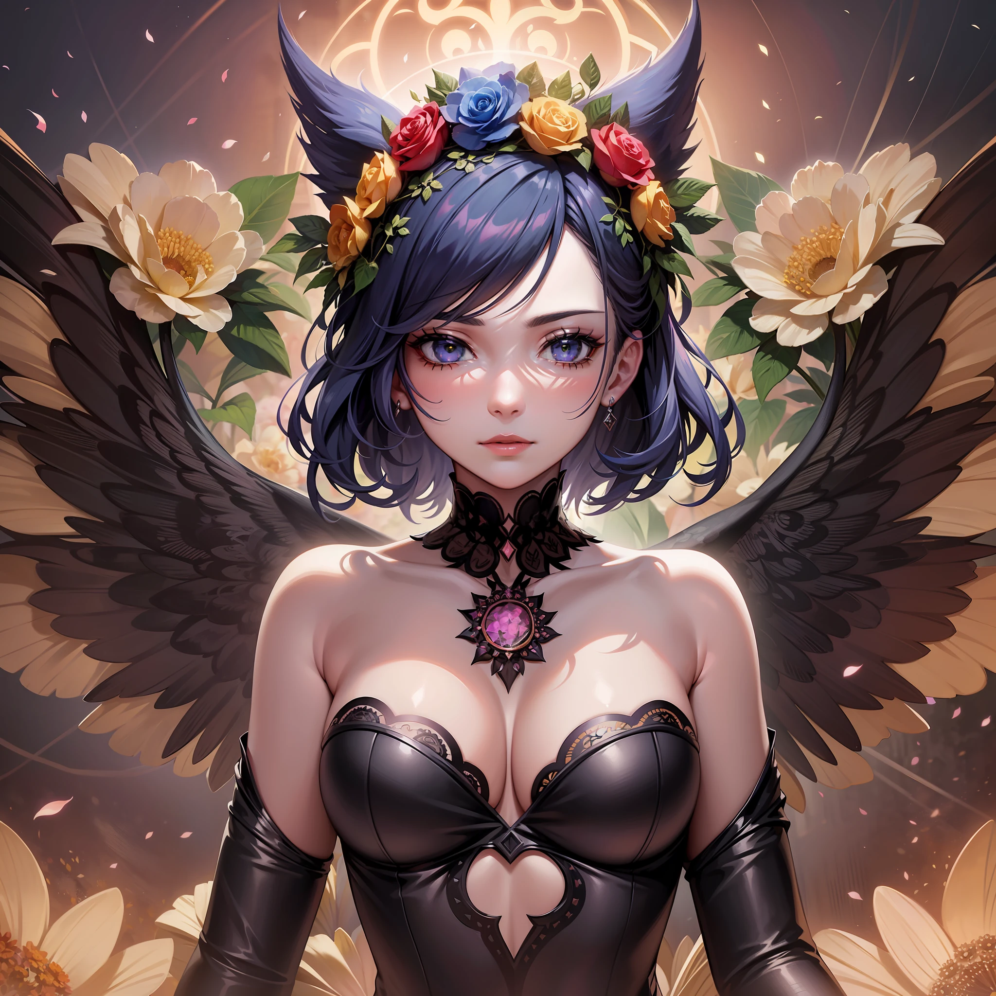 A detailed image showcasing Catrina La Muerte wearing an elaborate floral crown, adorned with vibrant blooms and delicate petals, representing the connection between life, beauty, and the cycle of nature, Surrealism, color field printing, high detail, UHD, 8k, anatomically correct, cinematic lighting 4d quality