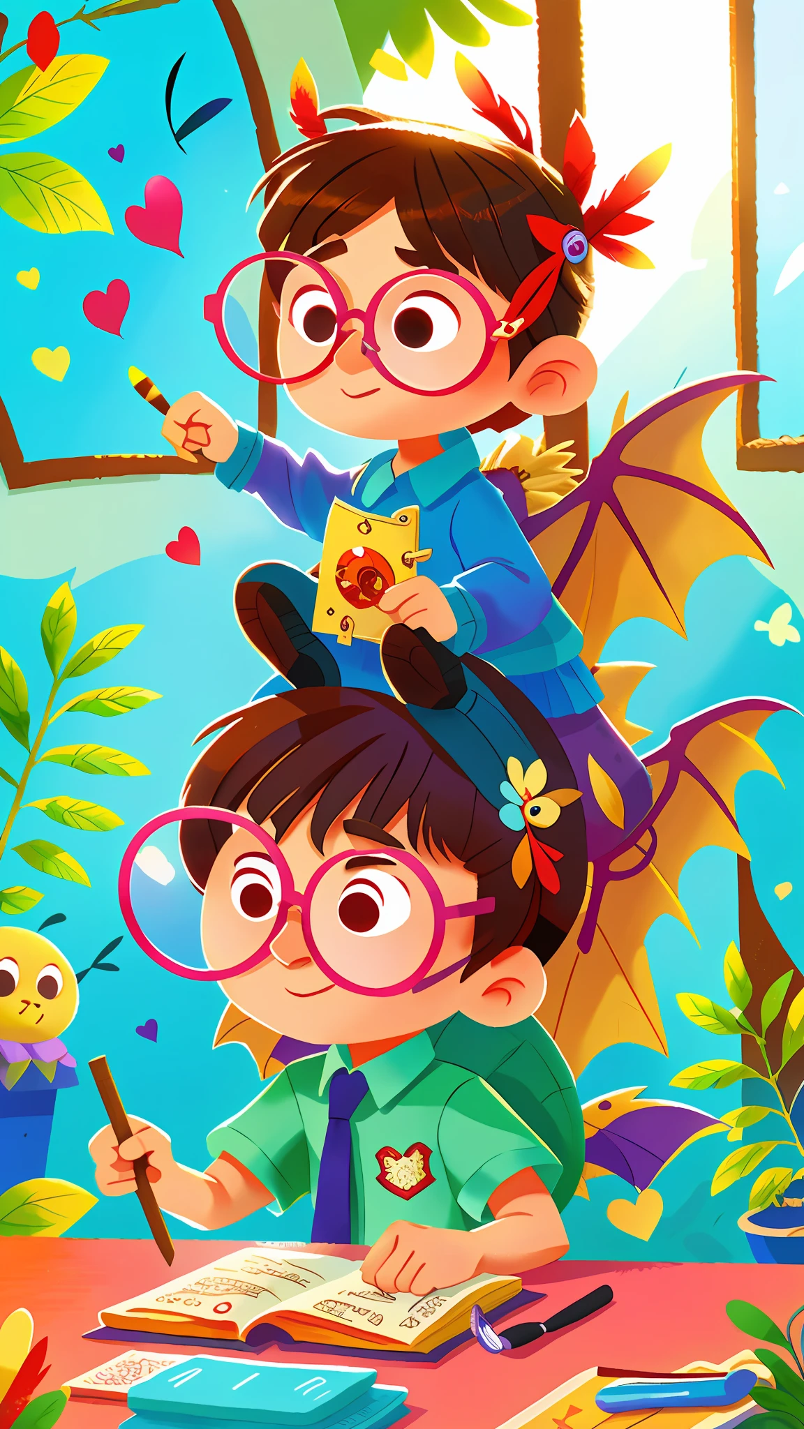 A Magic Dragon, with glasses, at school, perfect quality, heart in background, hearts clear focus (mess - house: 0.8), (masterpiece: 1.2) (Realistic: 1.2) (Bokeh) (Best quality) (Detailed Skin: 1.3) (Intricate Details) (8K) (Eye Detail) (Sharp Focus)