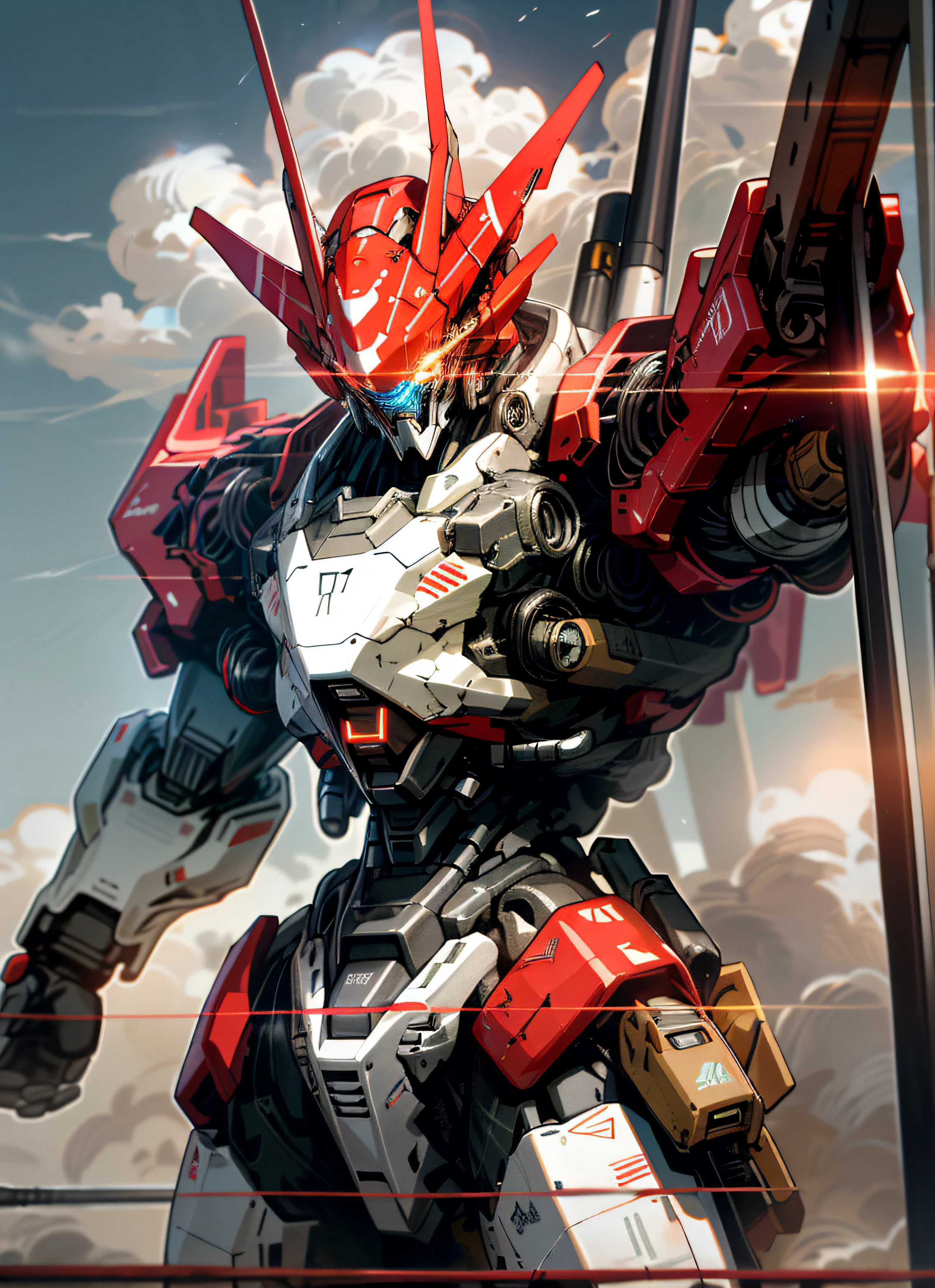 Skysky,clouds,holding_weapon,no_humans,with light glowing,red colour,brightly colored,droid,buliding,glowing_eyes,mecha,scientific fiction,城市,Realistis,mecha