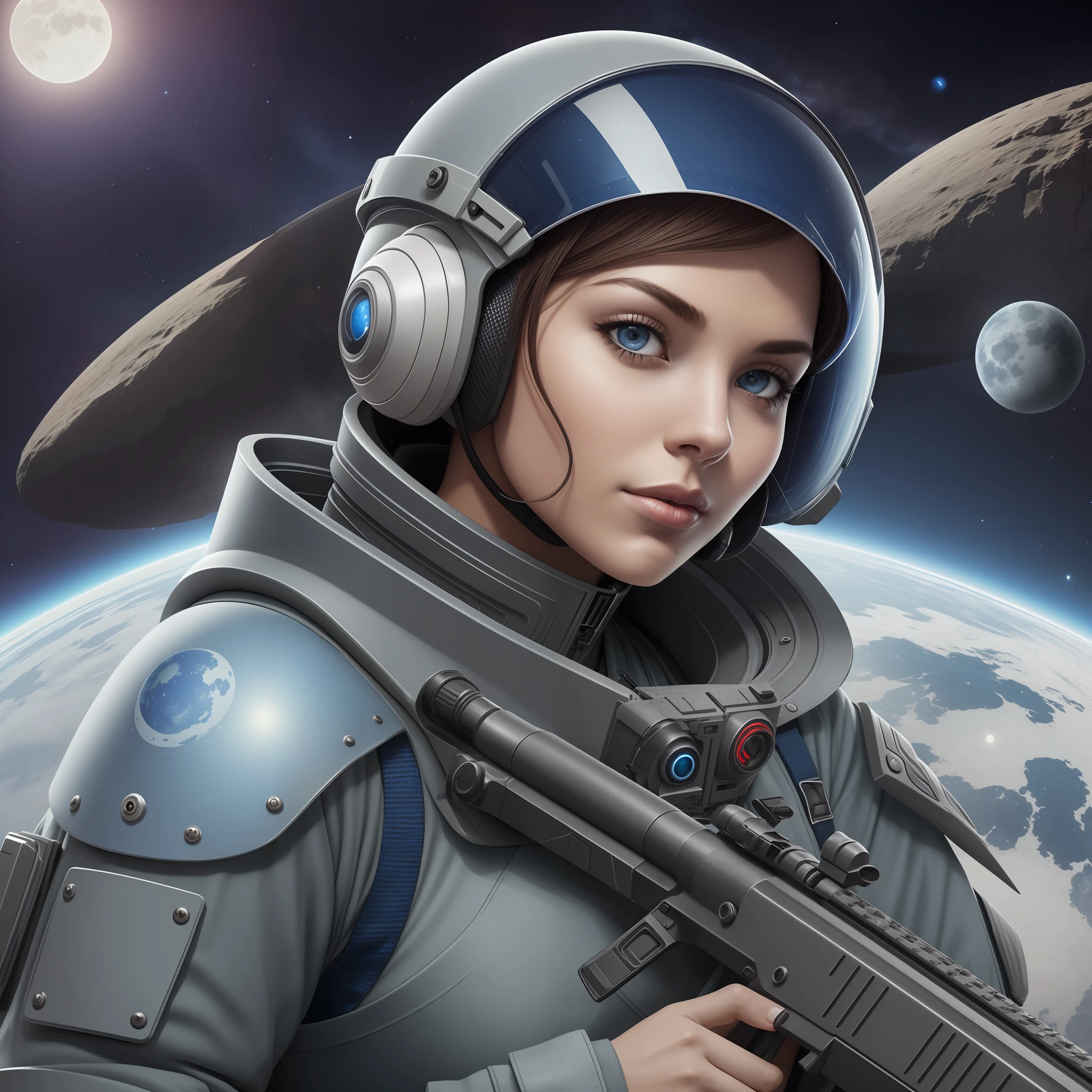 Close up of a female soldier, futuristic, armoured blue spacesuit, holding a rifle, background is rocky terrain with three moons