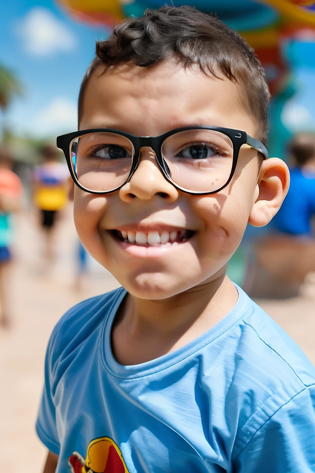 guttonerdjul23, Close portrait of a 3-year-old boy wearing glasses, detalhes intrincados, (segurando um sorvete de casquinha). He's in an amusement park and the background is blurry. Realista ultra detalhado, UHD