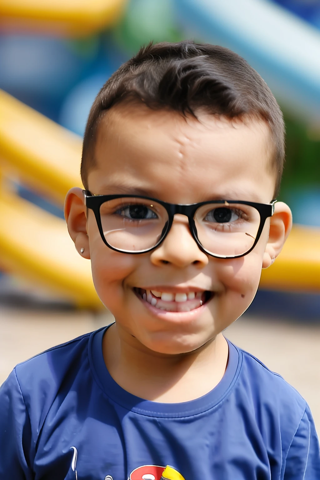 guttonerdjul23, Close portrait of a 3-year-old boy wearing glasses, detalhes intrincados, (segurando um sorvete de casquinha). He's in an amusement park and the background is blurry. Realista ultra detalhado, UHD