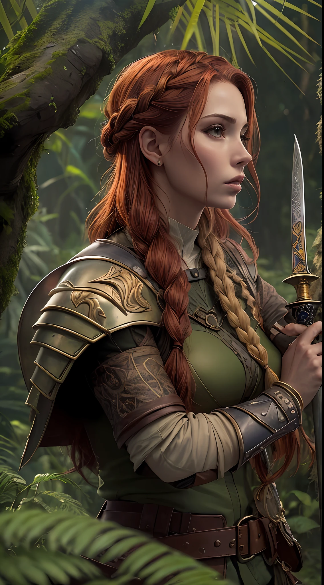 Uma mulher amazona, com a beleza de Karen Gillan, has red hair tied in a braid, olhos penetrantes e uma aura de coragem. Ela veste uma armadura de bronze e couro com detalhes em verde, reflecting your connection to nature. It's in a clearing of a lush jungle, with exotic plants and waterfalls all around, in a leadership pose with a shield and sword, Arte Digital, --AR 16:9 --V 5