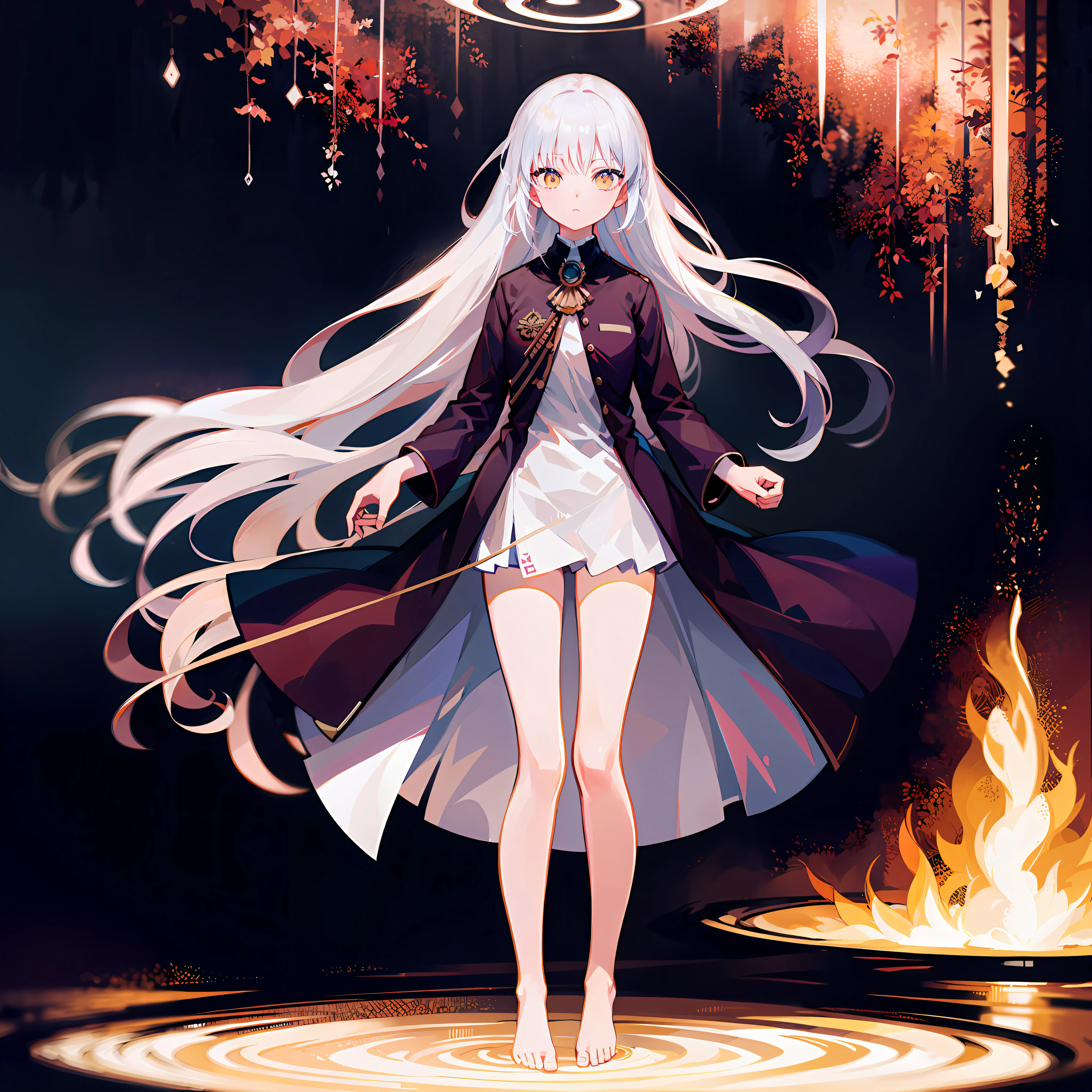 Anime girl standing in front of fire with long white hair, white-haired god, ufotable art style, Perfect white haired girl, zerochan art, anime style like fate/stay night, Girl with white hair, white haired Cangcang, Anime art wallpaper 8 K, style of anime4 K, Anime girl with long hair, Anime art wallpaper 4k
