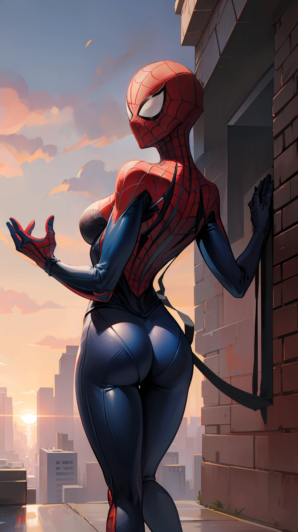 The female version of Spider-Man，Sexy figure，Head all inclusive，without showing face，Hands behind your back