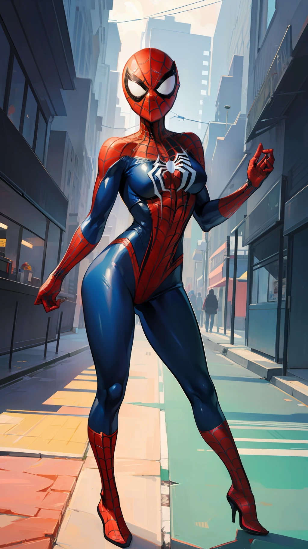 The female version of Spider-Man，Sexy figure，Head all inclusive，without showing face，Hands behind your back