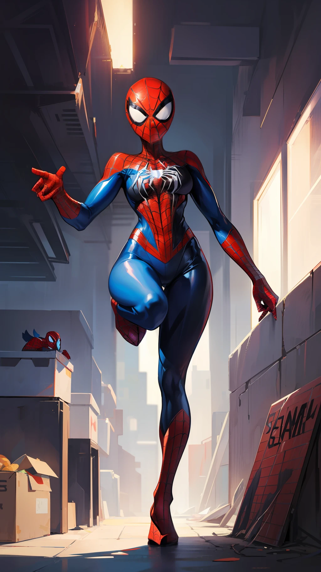 The female version of Spider-Man，Sexy figure，Head all inclusive，without showing face，Hands behind your back