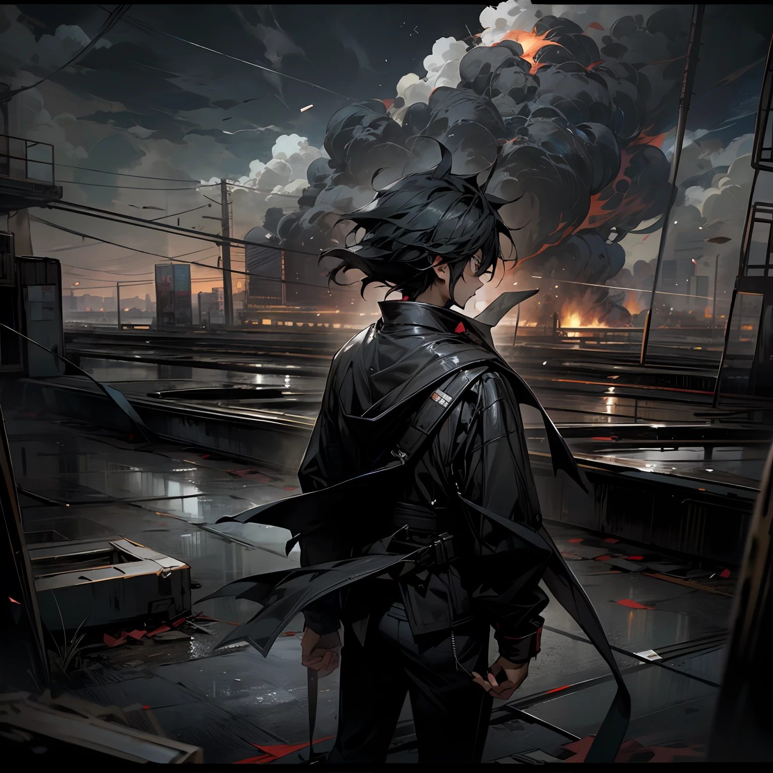 anime boy wearing black clothes and with dark effects around him, with the scenery behind him destroyed --auto