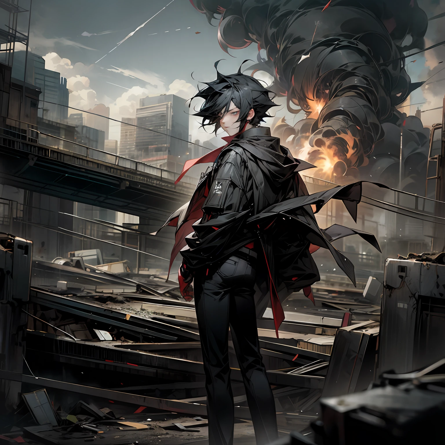 anime boy wearing black clothes and with dark effects around him, with the scenery behind him destroyed --auto