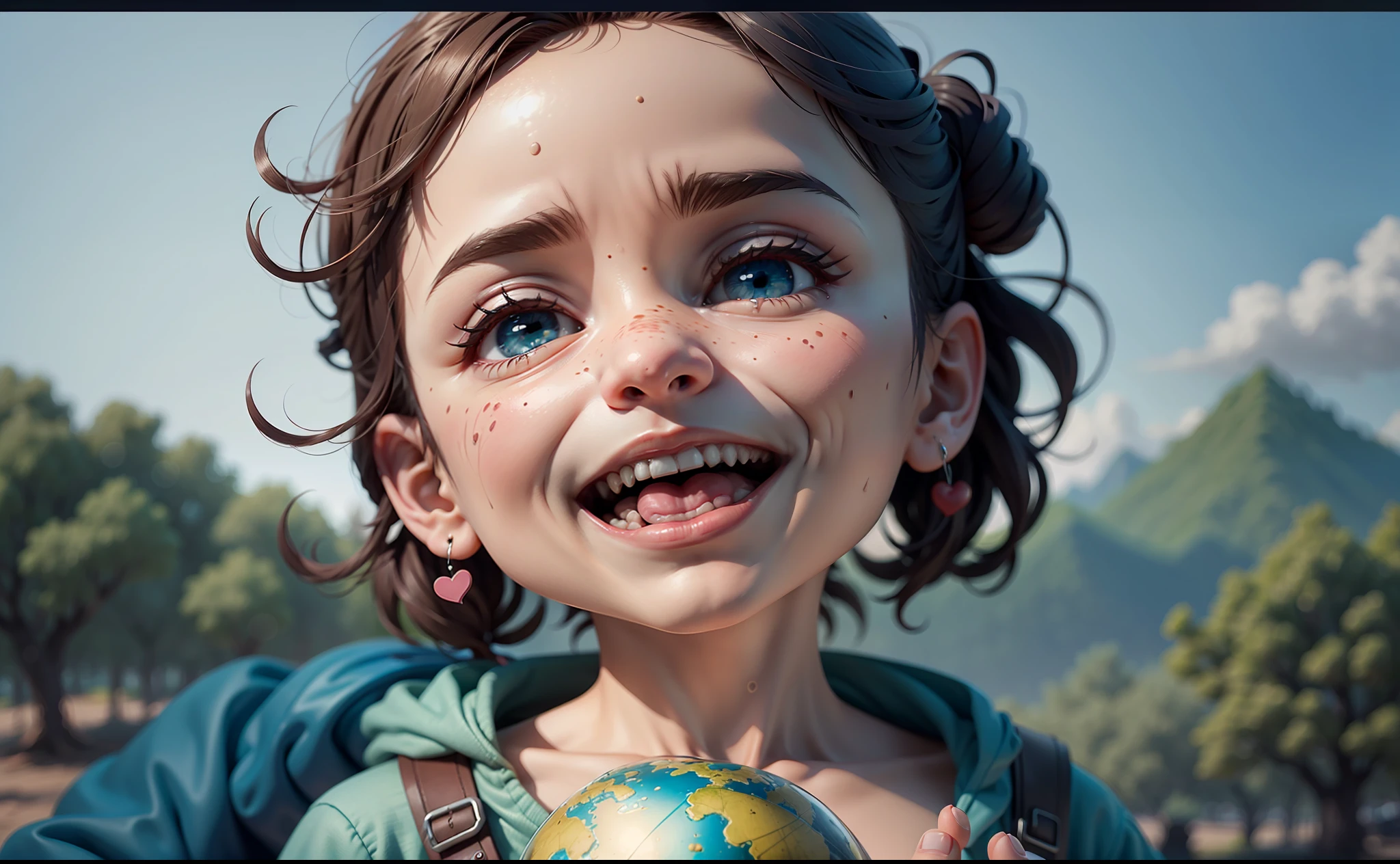 -yeld bomiling while holding the big globe that is smiling in his hands, o planeta terra Feliz, Feliz,(master part) (Realistic) (melhor qualidade) (pele detalhada: 1.3) (detalhes intrincados) (8k) (Detalhe Olhos) (Clear focus), Ao fundo, There are 20 other happy children holding many heart-shaped balloons, vibrante e feliz, como tons de azul claro, toneladas verdes, tons amarelos, heart-shaped balloons, (Feliz), 4k, high resolution, melhor qualidade, Head:1.3,((fotografia Hasselblad)), pele finamente detalhada, foco nítido, (Take the cinematic action), soft lighting, Dynamic angle, perfeito, Clear focus, azul, nuvens brancas, montanhas e florestas ao longe, flores coloridas, Borboletas, top branco, shorts, sneaker, sorrir, panorama, corpo inteiro, muito detalhado, melhor qualidade, cinematic lighting effects