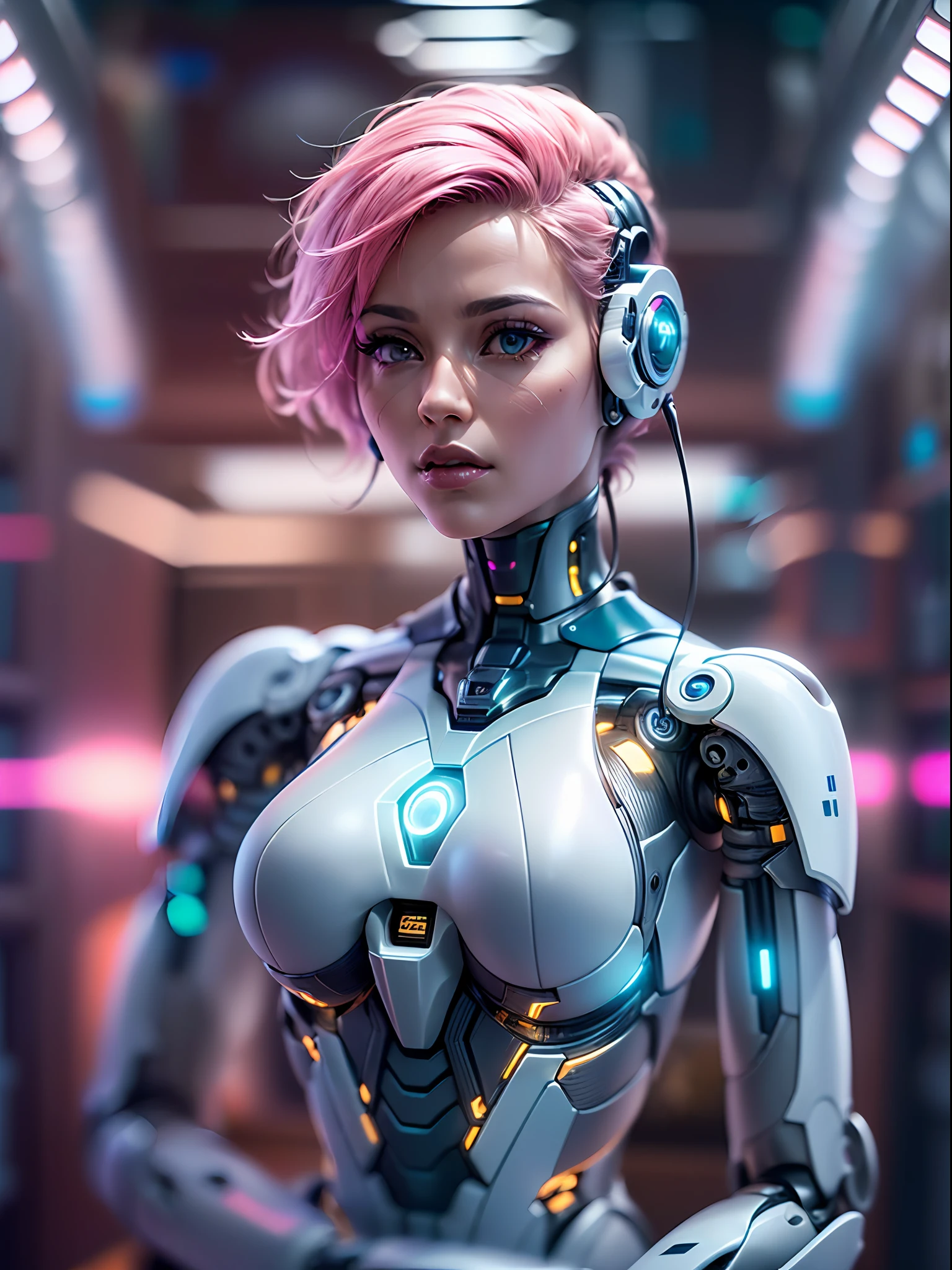 (masterpiece, high resolution, CGI:1.4), (depicting a futuristic cyborg woman with striking pink hair:1.3), (her eyes emanating a mesmerizing blend of green and blue light:1.2), (a combination of human and robotic elements seamlessly integrated throughout her body:1.3), (her arms replaced with sleek, metallic limbs, adorned with intricate circuits and glowing symbols:1.3), (her legs enhanced with bionic enhancements, allowing her to move with grace and precision:1.2), (her skin featuring a seamless blend of organic and synthetic materials, giving her a unique appearance:1.2), (her robotic enhancements designed with meticulous attention to detail, showcasing a balance of aesthetics and functionality:1.2), (the Canon EOS R6 camera used to digitally capture this stunning creation:1.4), (paired with the Canon RF 85mm f/1.2 L USM lens for precise rendering of her features:1.4), (the laboratory environment exuding a sleek and minimalistic design:1.2), (clean white walls and polished metallic surfaces reflecting the futuristic ambiance:1.2), (subtle neon lights casting a soft glow, enhancing the futuristic atmosphere:1.2), (advanced holographic displays showing complex data and schematics:1.2), (the cyborg woman standing confidently amidst the advanced technology, exuding a sense of power and intelligence:1.2), (a captivating and thought-provoking portrayal of the merging of human and machine:1.2).