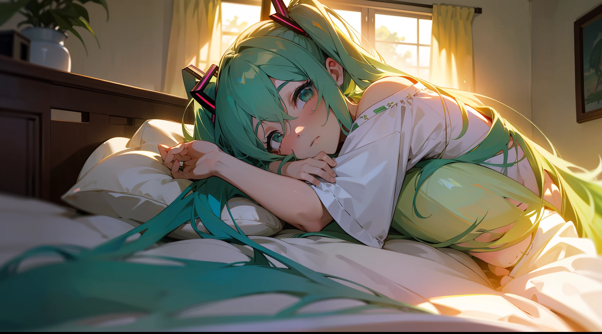 Hot summer,Hatsune Miku who wakes up early in the morning,Paralysis of heat at home,The rising sun shines into the room from the upper left,green long hair,greene eyes,Long eyelashes,She was lying on the waterbed,Although with the fan on,But it's still hot