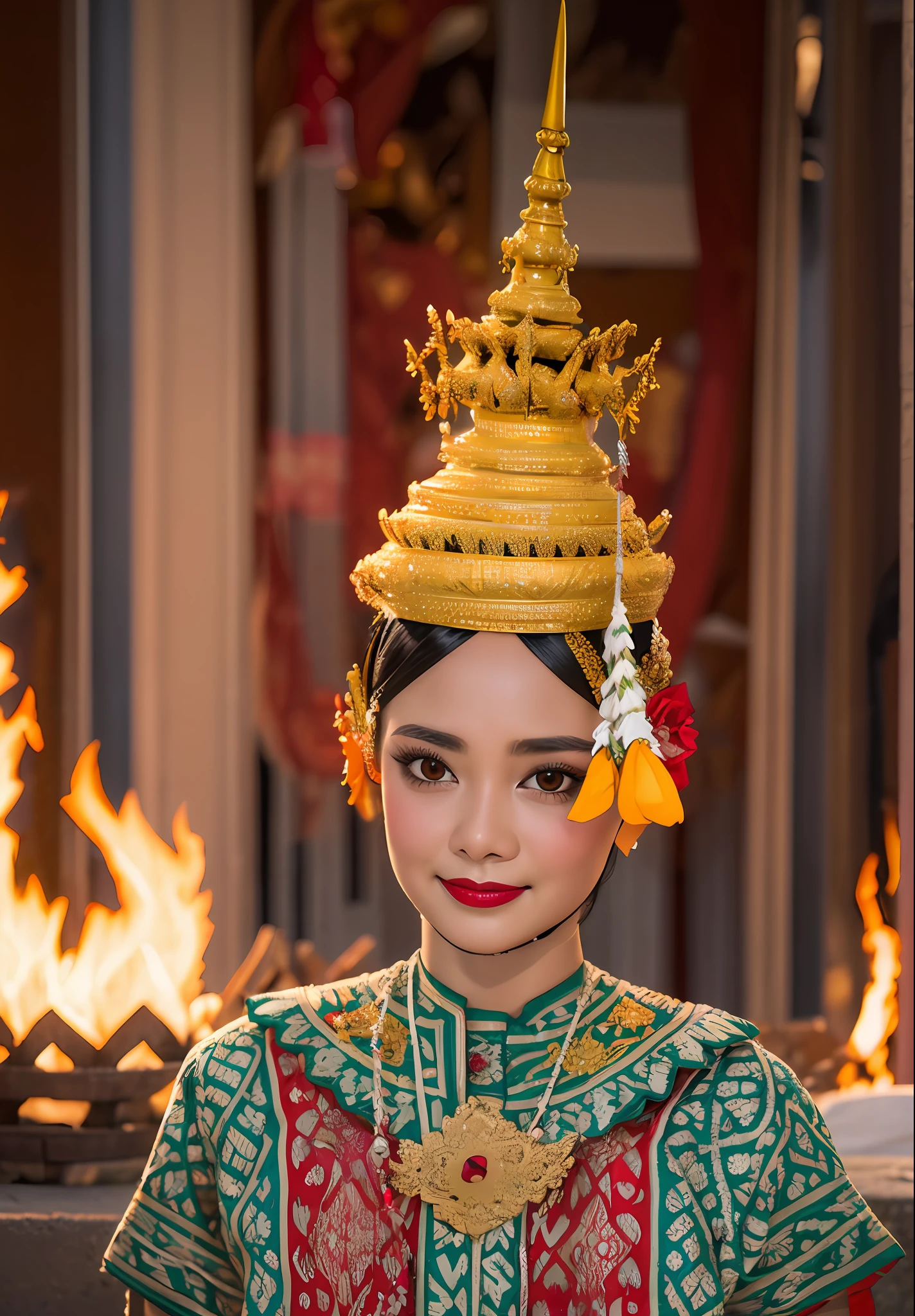 bestquality, master-piece, highres, Thai Traditional 1girl, Thai costume, AIDS, Mrs. Sita's super beautiful face, Super beautiful eyes., My hair is super beautiful., dance, bonfire, flame