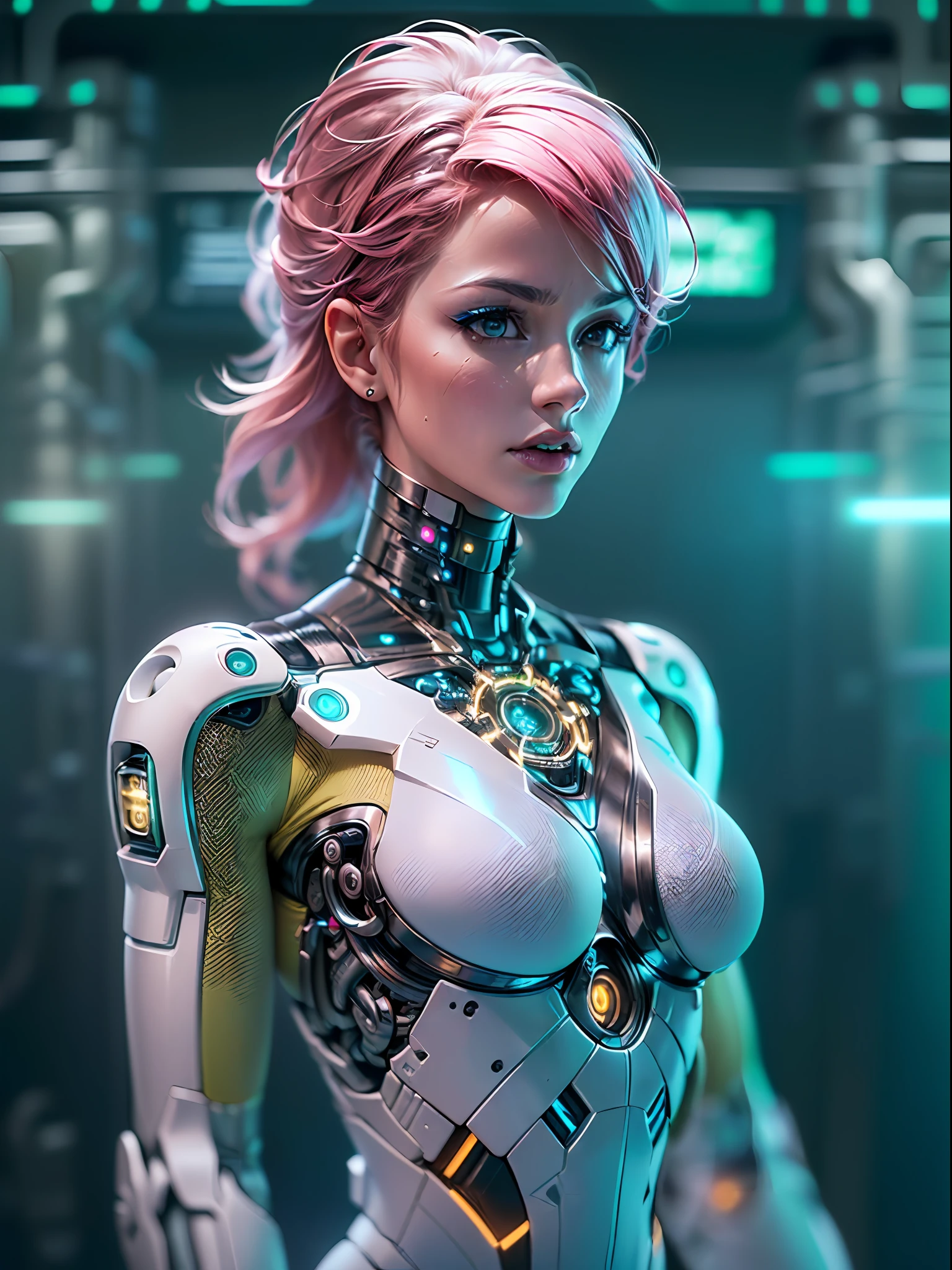 (masterpiece, high resolution, CGI:1.4), (depicting a futuristic cyborg woman with striking pink hair:1.3), (her eyes emanating a mesmerizing blend of green and blue light:1.2), (a combination of human and robotic elements seamlessly integrated throughout her body:1.3), (her arms replaced with sleek, metallic limbs, adorned with intricate circuits and glowing symbols:1.3), (her legs enhanced with bionic enhancements, allowing her to move with grace and precision:1.2), (her skin featuring a seamless blend of organic and synthetic materials, giving her a unique appearance:1.2), (her robotic enhancements designed with meticulous attention to detail, showcasing a balance of aesthetics and functionality:1.2), (the Canon EOS R6 camera used to digitally capture this stunning creation:1.4), (paired with the Canon RF 85mm f/1.2 L USM lens for precise rendering of her features:1.4), (the laboratory environment exuding a sleek and minimalistic design:1.2), (clean white walls and polished metallic surfaces reflecting the futuristic ambiance:1.2), (subtle neon lights casting a soft glow, enhancing the futuristic atmosphere:1.2), (advanced holographic displays showing complex data and schematics:1.2), (the cyborg woman standing confidently amidst the advanced technology, exuding a sense of power and intelligence:1.2), (a captivating and thought-provoking portrayal of the merging of human and machine:1.2).