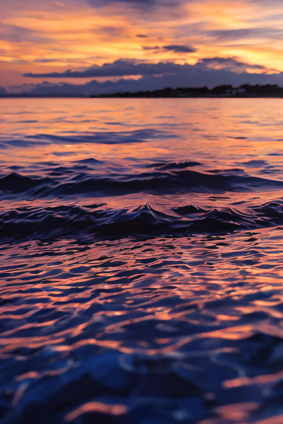 Sunset over the ocean,Waves break in the foreground, calm ocean waves, rippling water, Ripples, swirly ripples, reflective lavender ocean water, wavy water, rippling, Water ripples, heat ripples, rippling with magic, Ripple magic, at dusk at golden hour, Ripple-like waves, Detailed sea, in the golden hour,Blisters in strings --auto