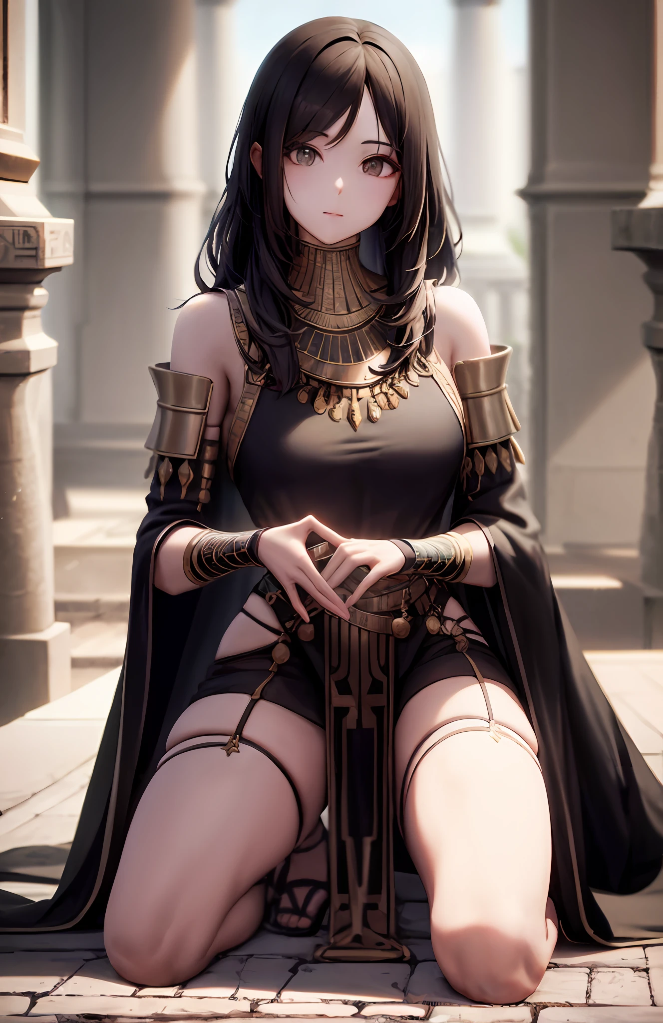 ((best qualtiy)), ((tmasterpiece)), (the detail:1.4), 3D,Normal posture， Beautiful mature woman in ancient Egyptian style，（（Kneeling pose，sandals））（Exquisite and simple ancient Egyptian costumes，White dress：1.9），（black long straight hair：1.6），（Ancient Egyptian temples，Ancient Egyptian temples：1.6），closeup of face,Extremely normal hands,Extremely normal legs,hdr（HighDynamicRange）,Ray traching,NVIDIA RTX,Hyper-Resolution,Unreal 5,Subsurface scattering、PBR Texture、post-proces、Anisotropy Filtering、depth of fields、maximum definition and sharpness、Many-Layer Textures、Albedo e mapas Speculares、Surface coloring、Accurate simulation of light-material interactions、perfectly proportions、rendering by octane、Two-colored light、largeaperture、Low ISO、White balance、the rule of thirds、8K raw data、