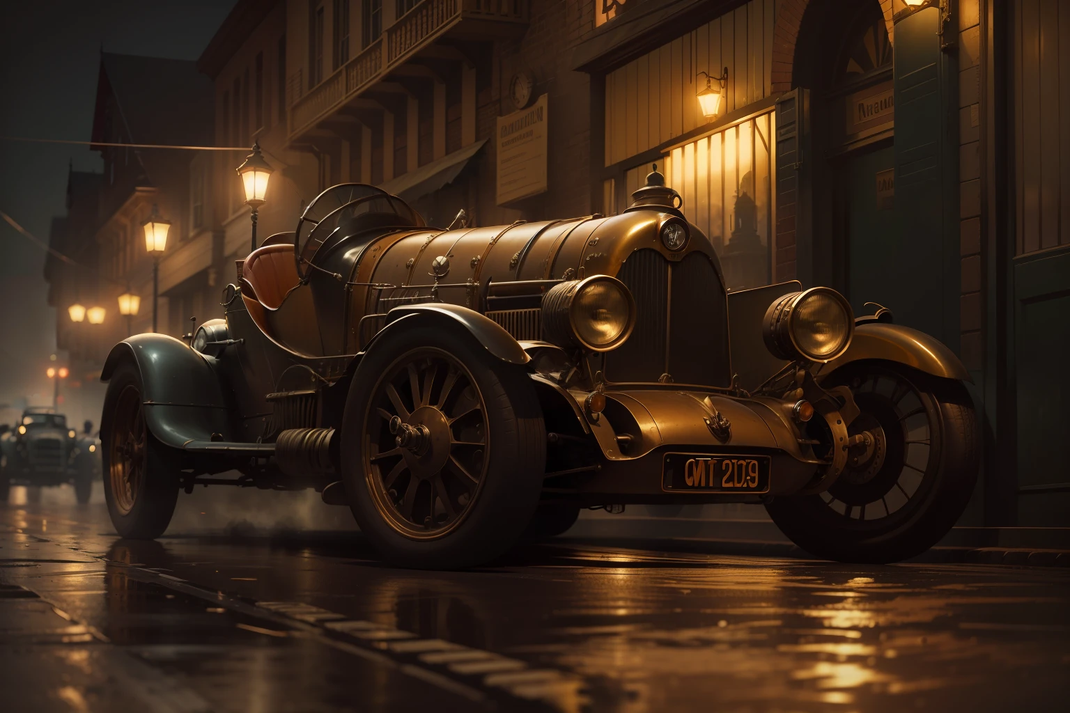 "C:\Users\Jomar Machado\OneDriveDesktop\VINTAGE RACE CARS\SIMPLE VINTAGE RACE CAR.jpg", steampunk city, dark atmosphere, nightfall, cinema photography, warm colours, keep the car faithfull to the original, 8K --auto
