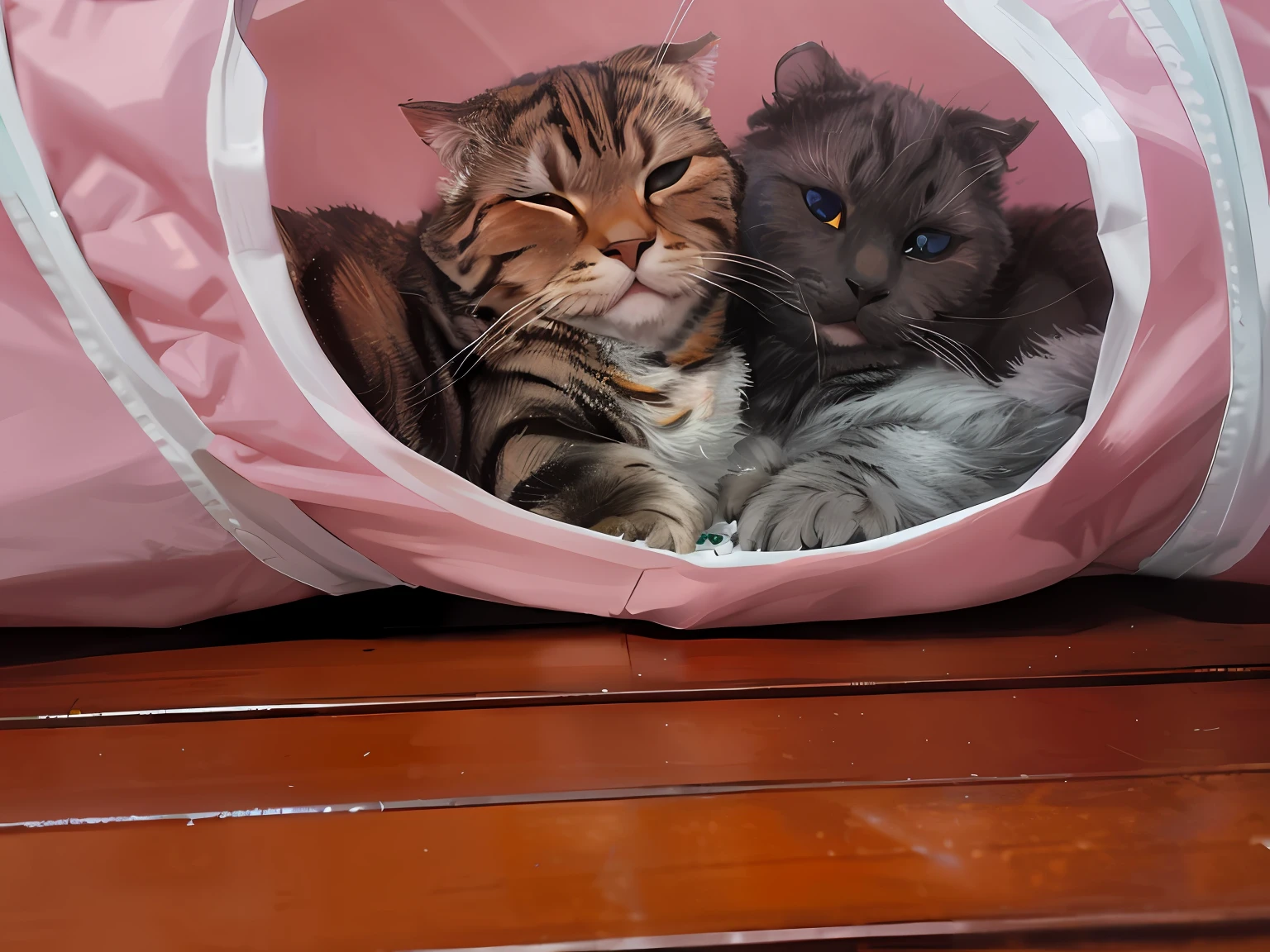 There were two cats lying in a pink bag, cats on her side, Two cats, there is a cat next to her, Cute cats, cats party, they are close to each other, Cats, two headed cat, Cats! are around, meeting of the cats, taken with sony alpha 9, Anime style, Shinkai Makoto style, 2D, Fold-eared cats