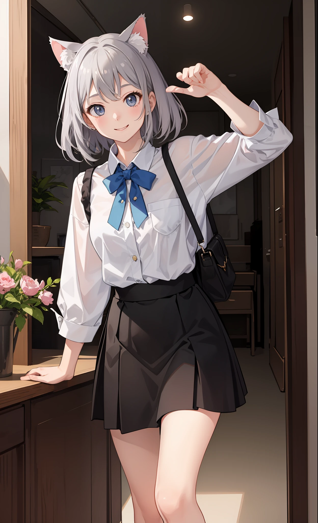 1girl in、A smile、The shirt、Blouse、skirt by the、（small tits）Chilarism、movement、（Gray hair）、Cat's ears、