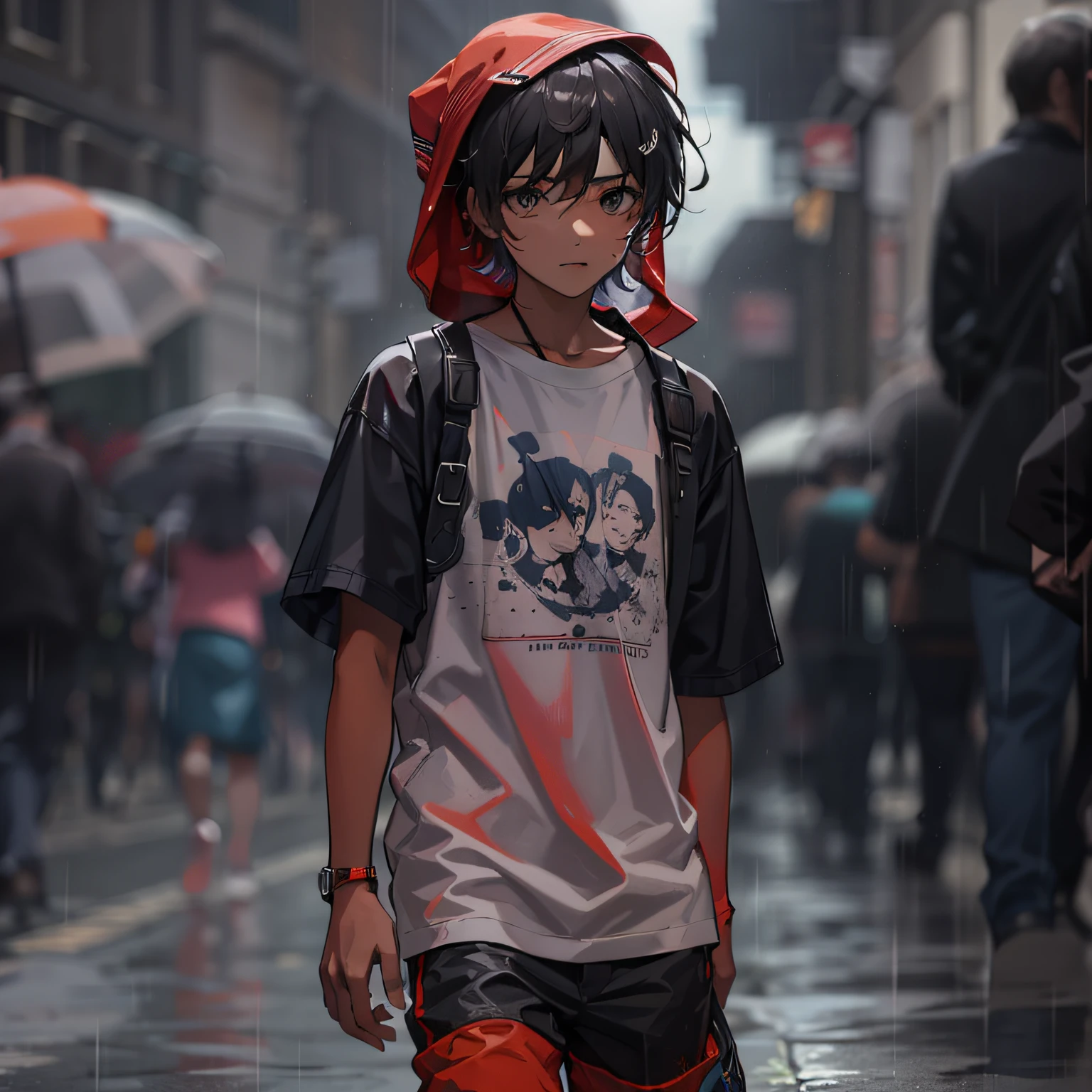 1boy, cabelos pretos e vermelhos, usando um sobretudo negro, caminhando na chuva.