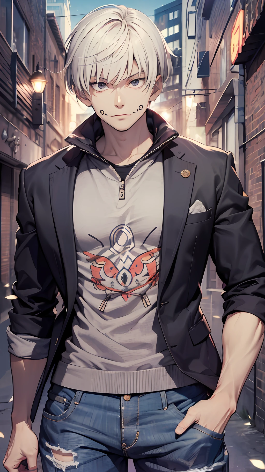 (absurdres, highres, ultra detailed, HDR), masterpiece, best quality, 1man, solo, handsome, short hair, inumaki toge, facial tattoo, white hair, black jacket, blazer, jeans, closed mouth, swirl, vortex