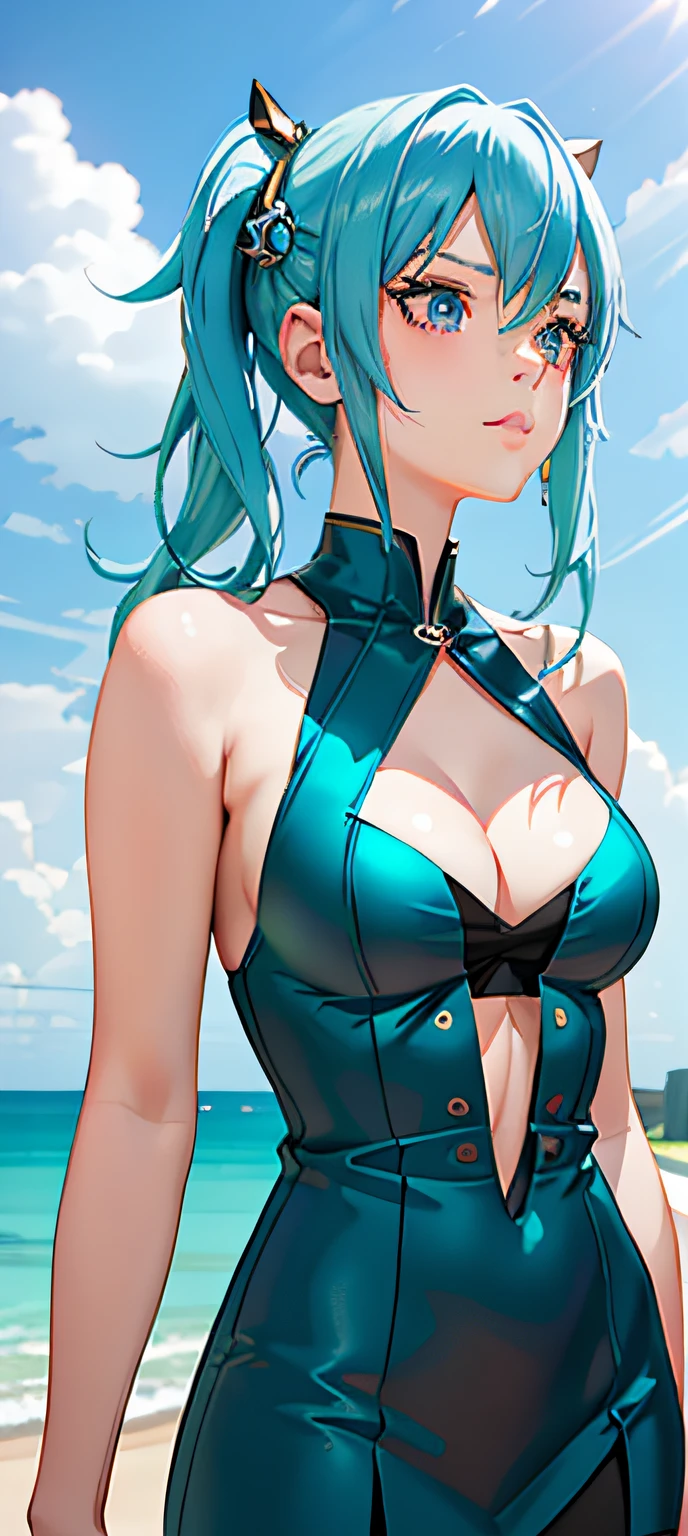 There is a girl with blue hair and blue dress, anime styled 3d, Stylized anime, Beautiful and seductive anime girl, Anime girl with teal hair, anime cgi, In the style of Ross Tran, Realistic anime 3 D style, beautiful blue-haired girl, 3 d anime realistic, render of a cute 3d anime girl, anime cgi style,Large breasts --auto