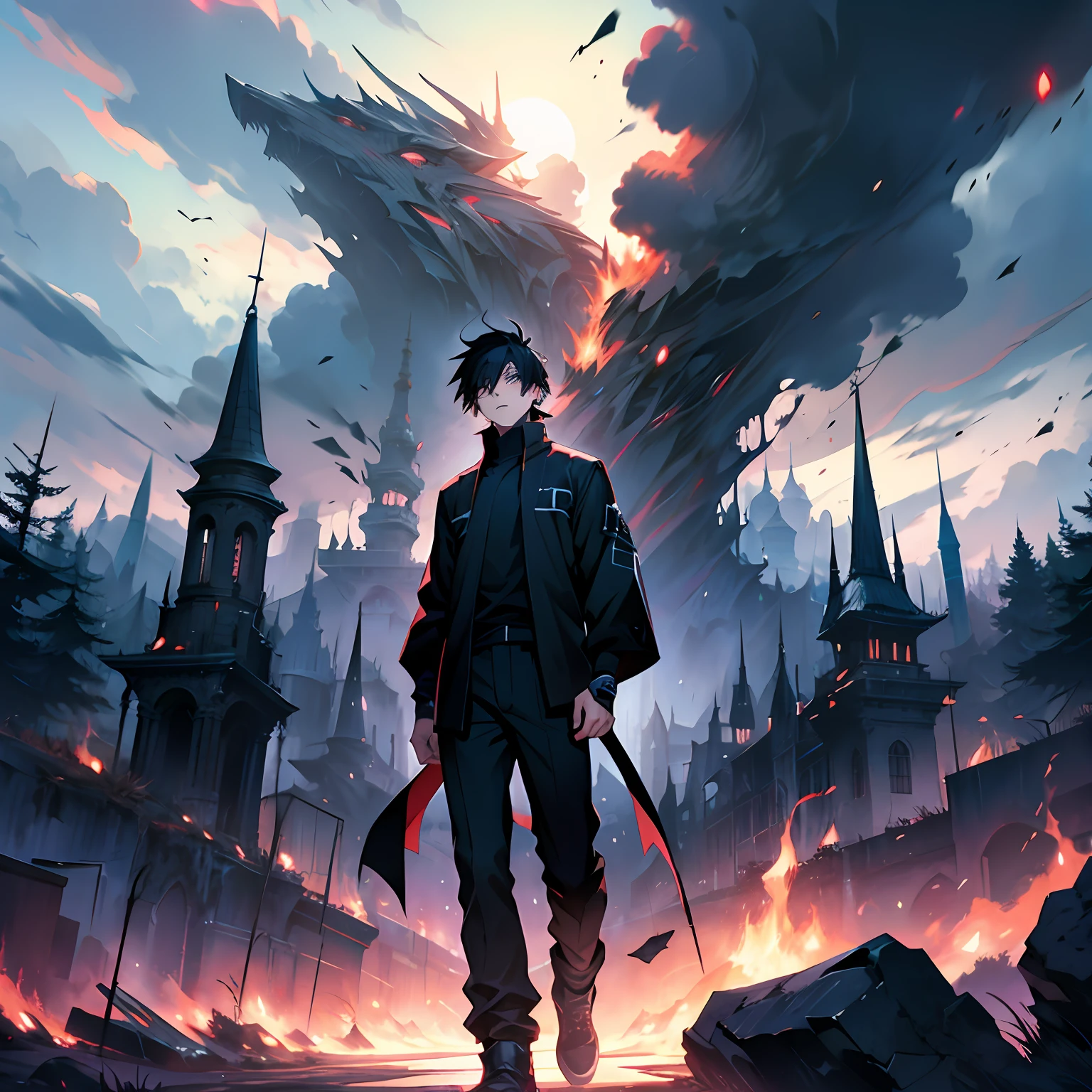 anime boy wearing black clothes and with dark spells around him, with the scenery behind him destroyed --auto