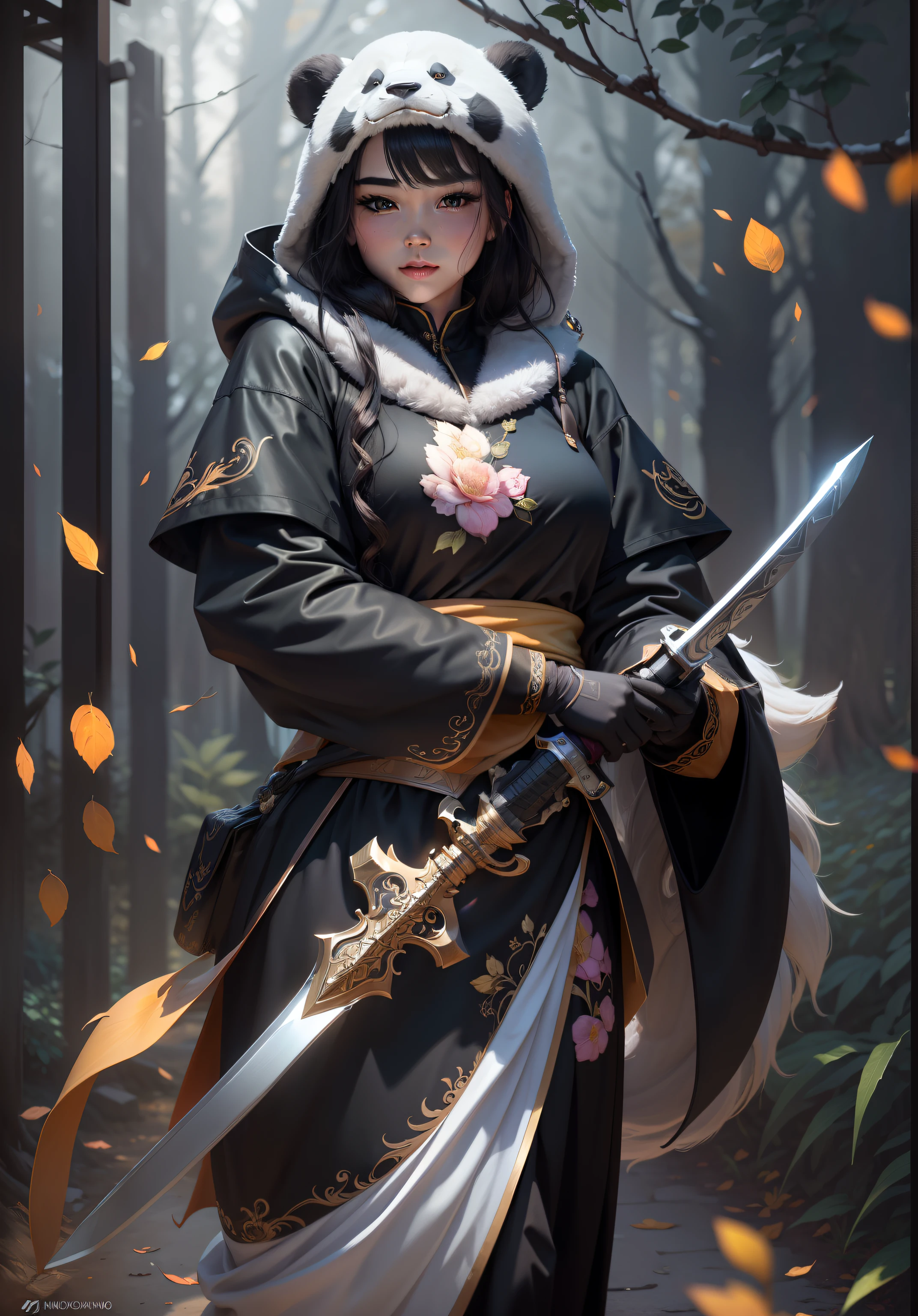 beautiful woman facing the camera black hair asian eyes, wearing a black and white panda hood holding a gleaming sword silver and gold Masterpiece, an abondance of pink rose embroidery sown into her clothes, best quality, high quality, highly detailed CG unity 8k wallpaper beautiful landscape oil painting, award winning photography, bokeh, depth of field, HDR, bloom, chromatic aberration, photorealism, highly detailed, trending on artstation, on CGsociety Trending, intricate, high detail, dramatic, midjourney art and masterpiece, best quality, high quality, extremely detailed CG unity 8k wallpaper lush summer landscape with rolling green hills stretching towards the horizon, dotted with pink, yellow wildflowers, and purples, volumetric lighting and masterpiece, best quality, high quality, extremely detailed CG unity 8k wallpapers serene autumn landscape surrounded by trees in shades of golden yellow, fiery red and burnt orange. The crisp air is laced with the sweet aroma of fallen leaves and wood smoke. a cute panda bear in the background
Negative Prompts --auto