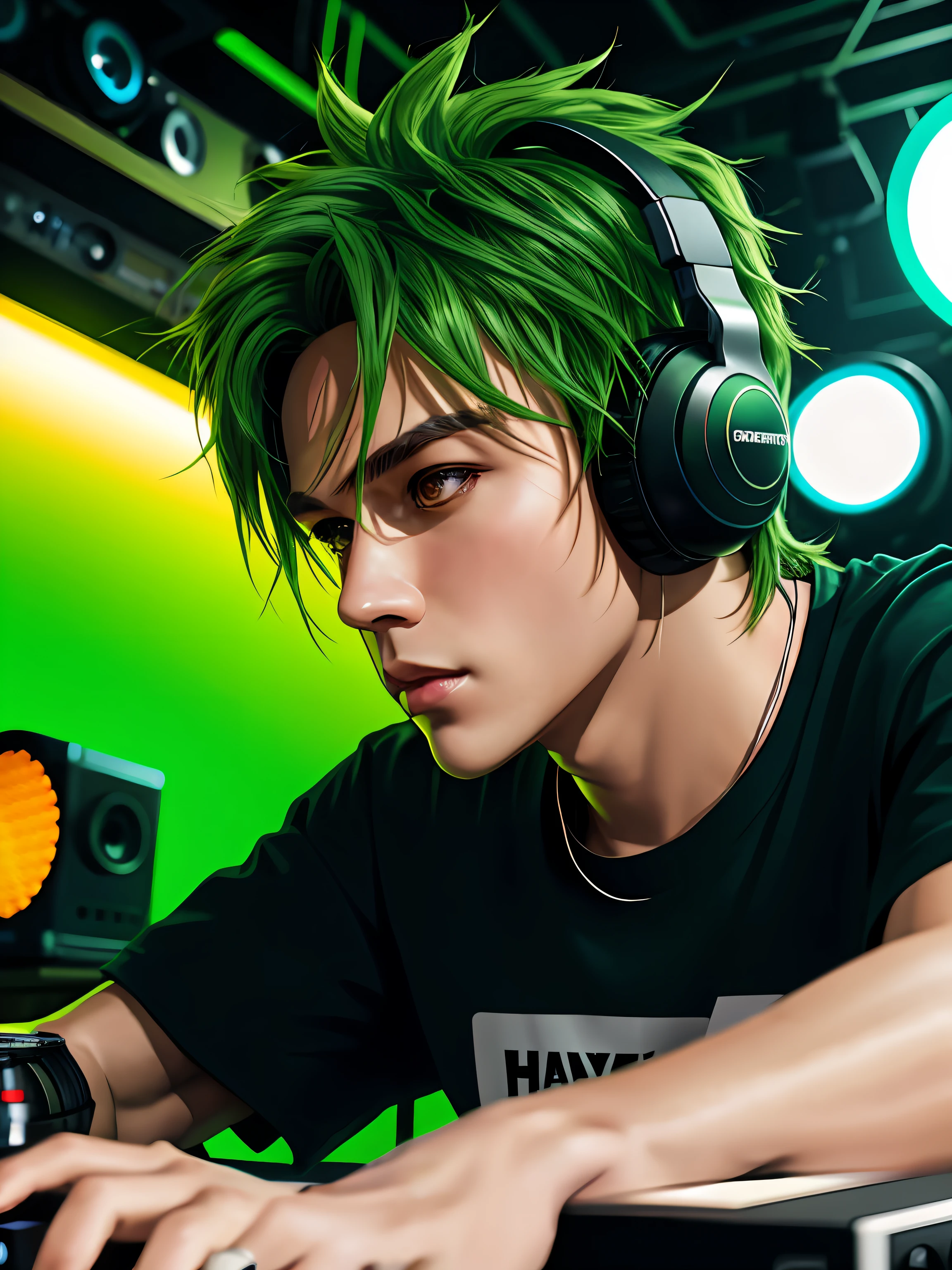(best quality), (photo-realistic:1),realistic skin texture,bokeh,face focus ,looking at viewer,
1man,DJ,play music,upper body,green hair,head set,messy hair,oversize t-shirt, Motorcycle leather,
night club,neno light,color led,record player,stereo equipment,