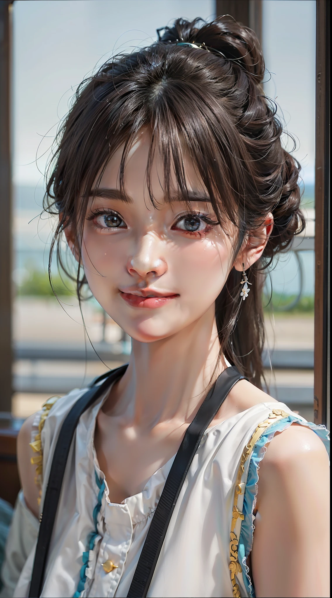 ​masterpiece、1 beautiful girl、A detailed eye、Puffy eyes、top-quality, 超A high resolution, (Realisticity: 1.4), OriginalPhotographs, 1Girl,cinematlic lighting、a smile、japanes、Asian Beauty、Korea person、neat atmosphere、Super beauty、A little juvenile face、Beautiful skin、A slender、The background is the airport、(A hyper-realistic)、(hight resolution)、(8K)、(ighly detailed)、(Best Illustration)、(beautifully detailed eyes)、(ultra-detailliert)、(wall-paper）、（A detailed face）、looking at viewert、fine detailed、A detailed face、pureerosfaceace_v1、very smiling、46-point diagonal bangs、Facing straight ahead、Neat and clean clothes、Black colored eyes、the body is facing forward、In a very beautiful sea、Clear sea、