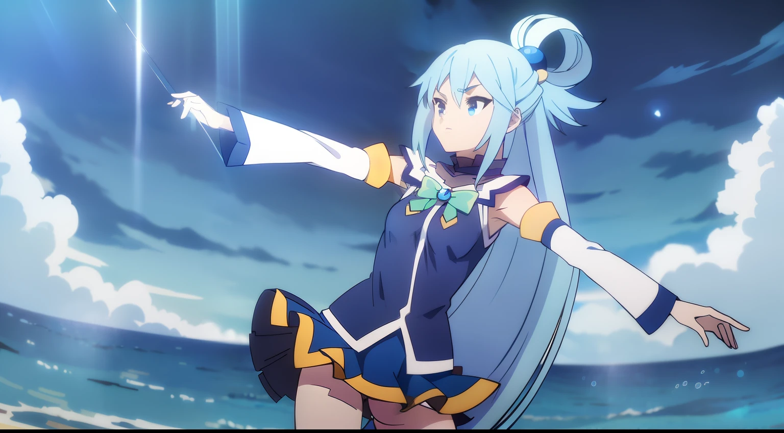 \(konosuba\), anime Girl (aqua konosuba, she has light blue long hair tied into a loop with a clip and blue eyes and dark blue short dress and extremely short dark blue miniskirt, [bellybutton], [small breast]), [white and blue striped panties], with arcane power, wailking| dancing| catsing at the sea shore, the sea with sky and clouds in the distance