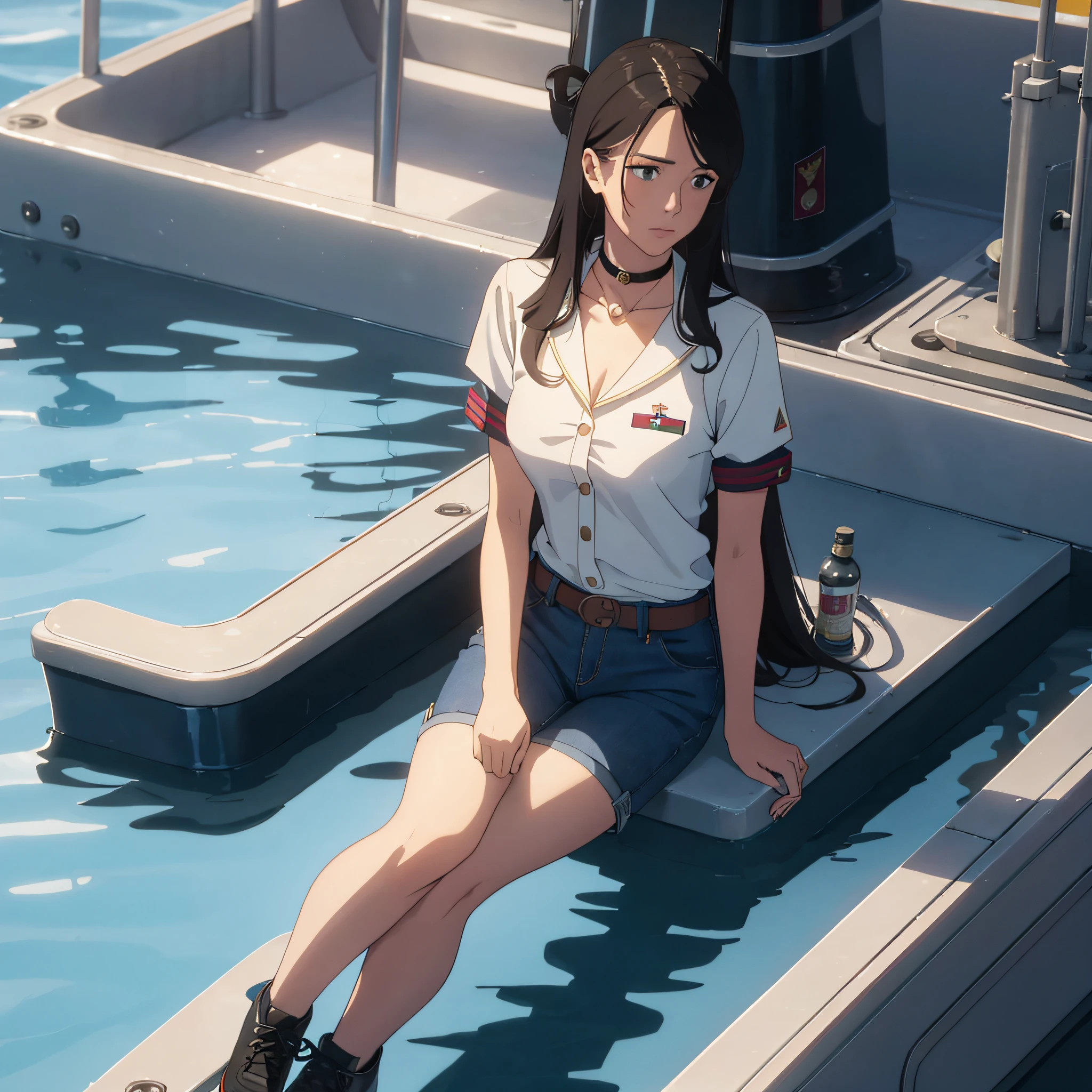 4K，realisticlying，satirize，Very meticulous，There was a girl on the big boat，She is a Marine Combat Girl，Marine theme，The clothes are soft，Grow long hair，wearing pants，25 age old，full bodyesbian，Wear Gucci shoes，choker necklace --auto