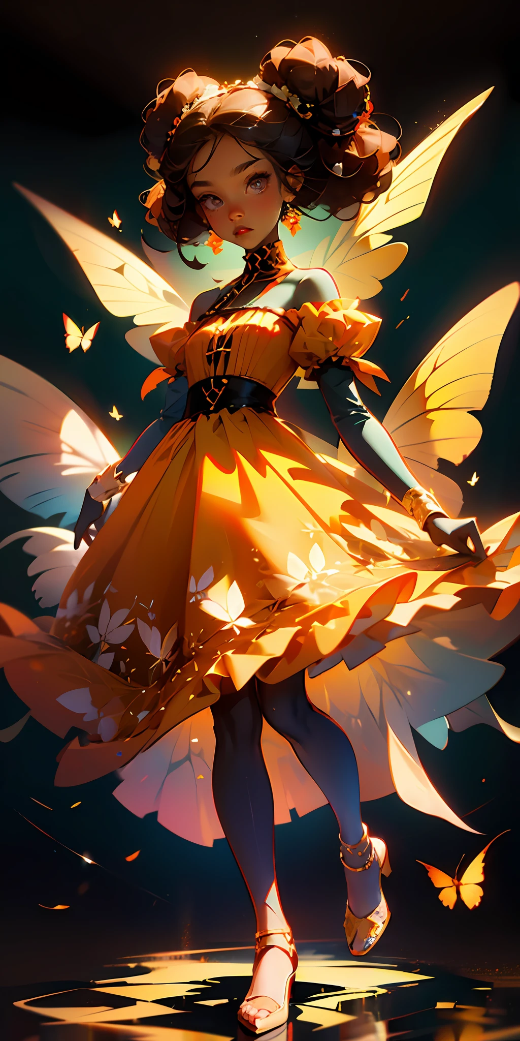 black-skinned girl with curly hair tied in a bun, brown eyes, wearing an orange dress made from butterfly wings. full body image in anime style. --auto --s2