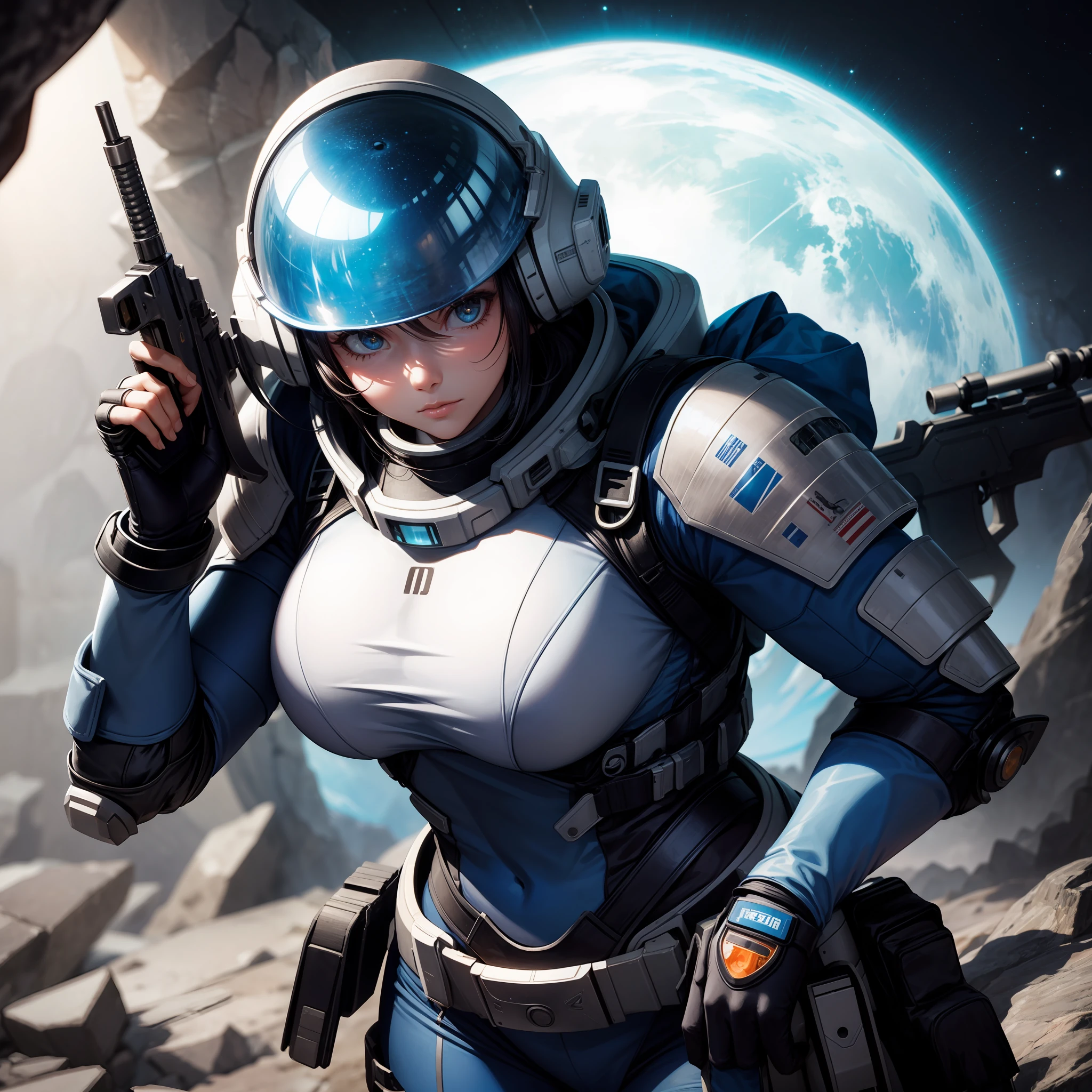 Close up of a female soldier, futuristic, armoured blue spacesuit, holding a rifle, background is rocky terrain with three moons