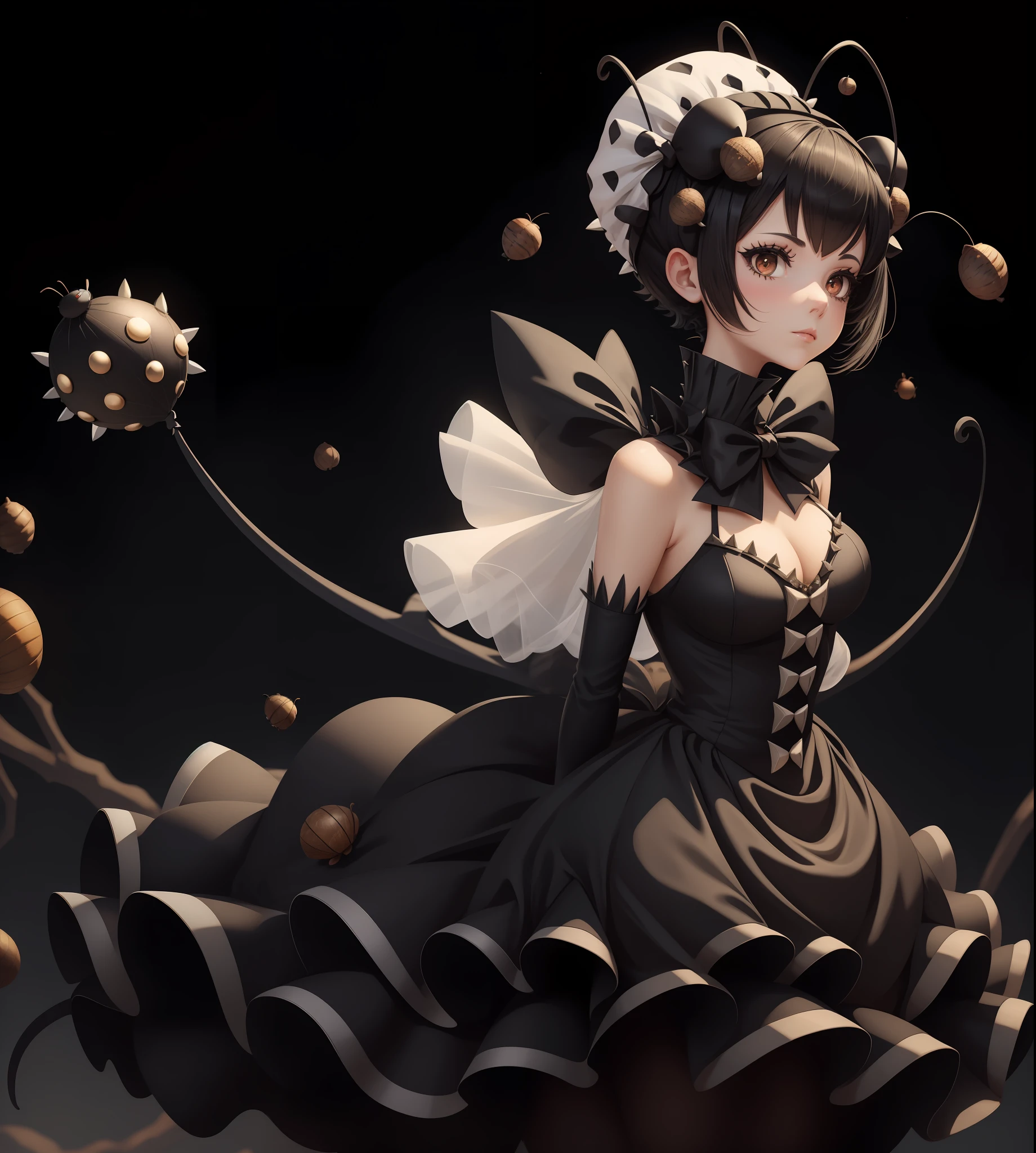 Ant Arachne monster girl, ant antennae, ant bottom and ant legs, black short spiked hair, Acorn Beret with white bows, wearing Windvalley Stars dress, best quality, masterpiece