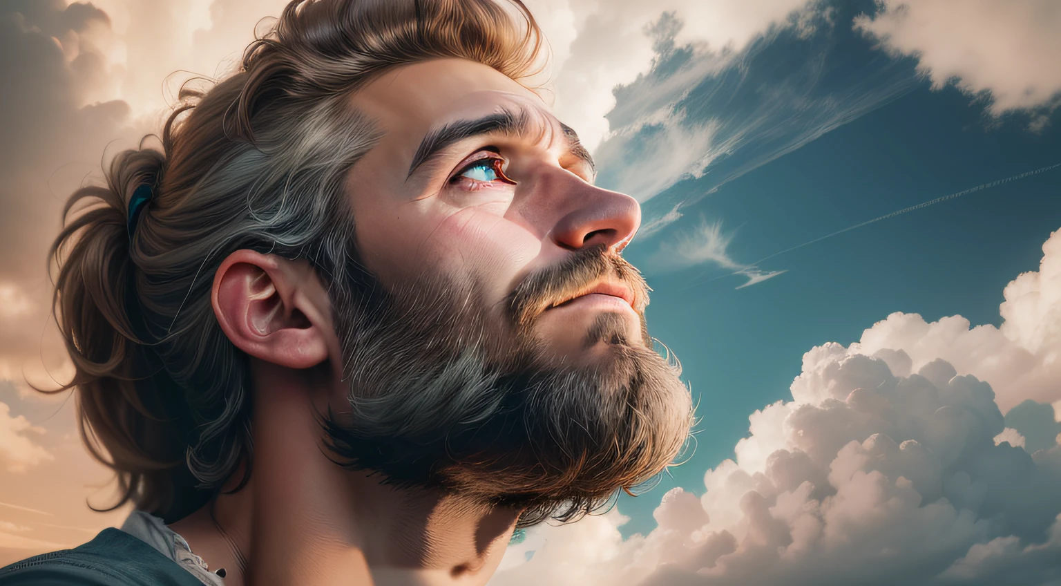 Man with beard looking up at the sky, Sky picture background with clouds