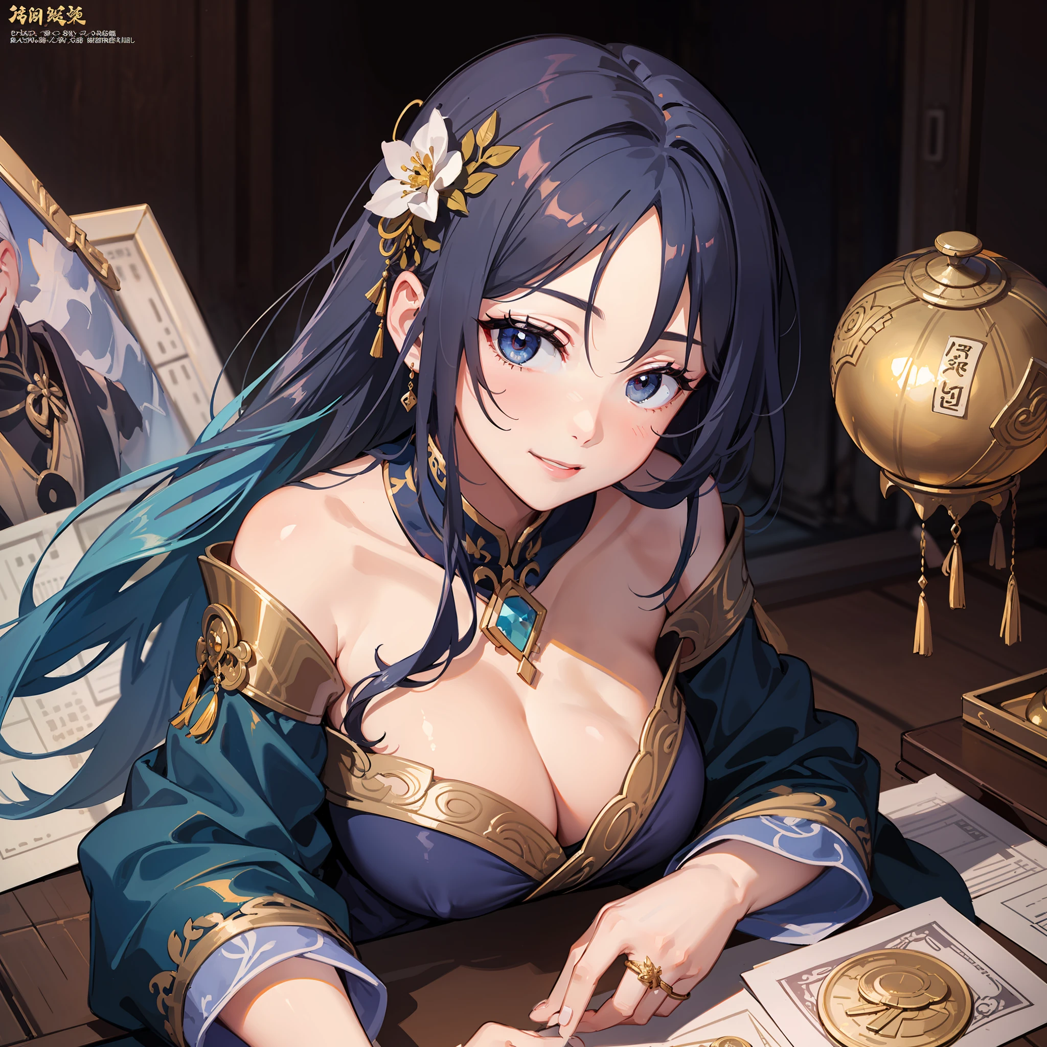 Adult woman, sexy, navy blue hair, The ends of gray hair, hairlong, beautiful hairstyle, hair ornament, white eyes, Chinese Clothing, Ornaments, Rings, Heels, Ancient Chinese themes, looking a viewer, Happy smile, overhead view, Lies on the money, gold coins, A mountain of money, Fantasy art, Beautiful painting of characters, Works of art in the style of Guvaika, epic exquisite character art, stunning character art, Beautiful rich Woman, perspective, really happy, closed eye, overhead view(reference sheet:1.5)