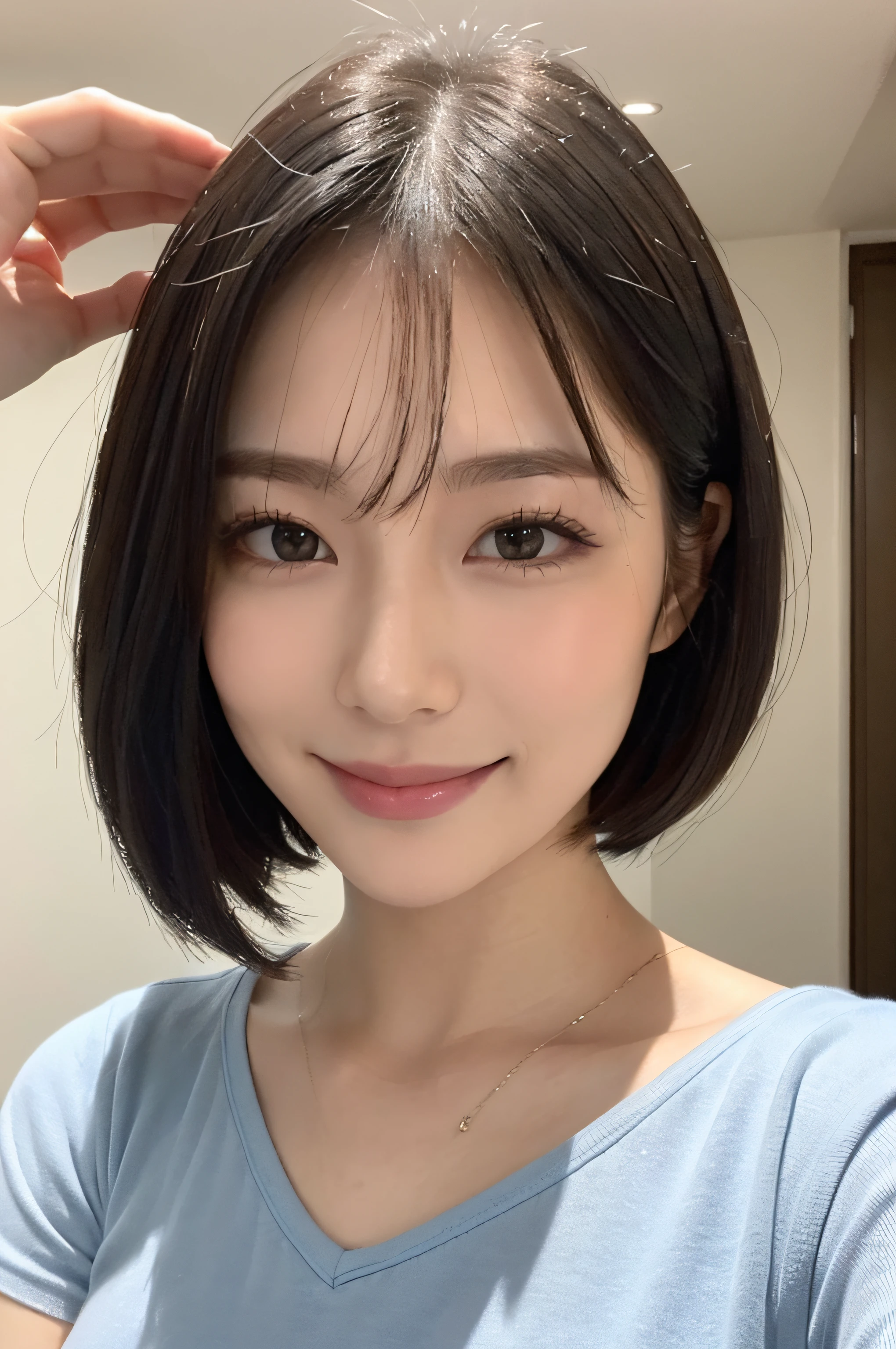 ((Best Quality, 8K, masutepiece: 1.3)), 1girl in, Slim Abs Beauty: 1.3, (Hairstyle Casual, Big breasts: 1.2), White Bikini: 1.1, Super fine face, Delicate eyes, Double eyelids, Smile,short cut hair、fold your arms behind head