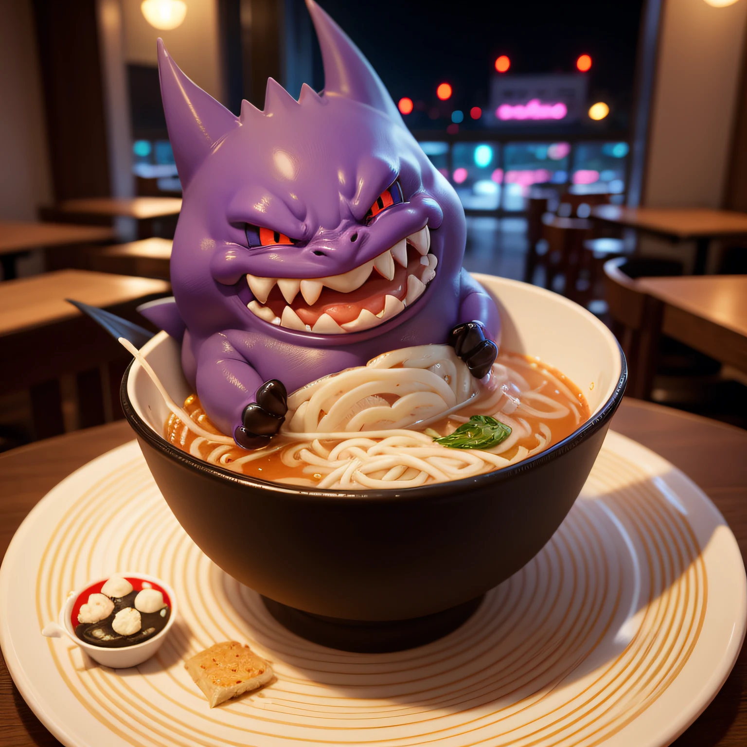 real ,pokemon gengar,flying over a bowl of ramen,tongue out,restaurant out of order,at night,hairless,without nose,body dark,translucent,hungry --auto