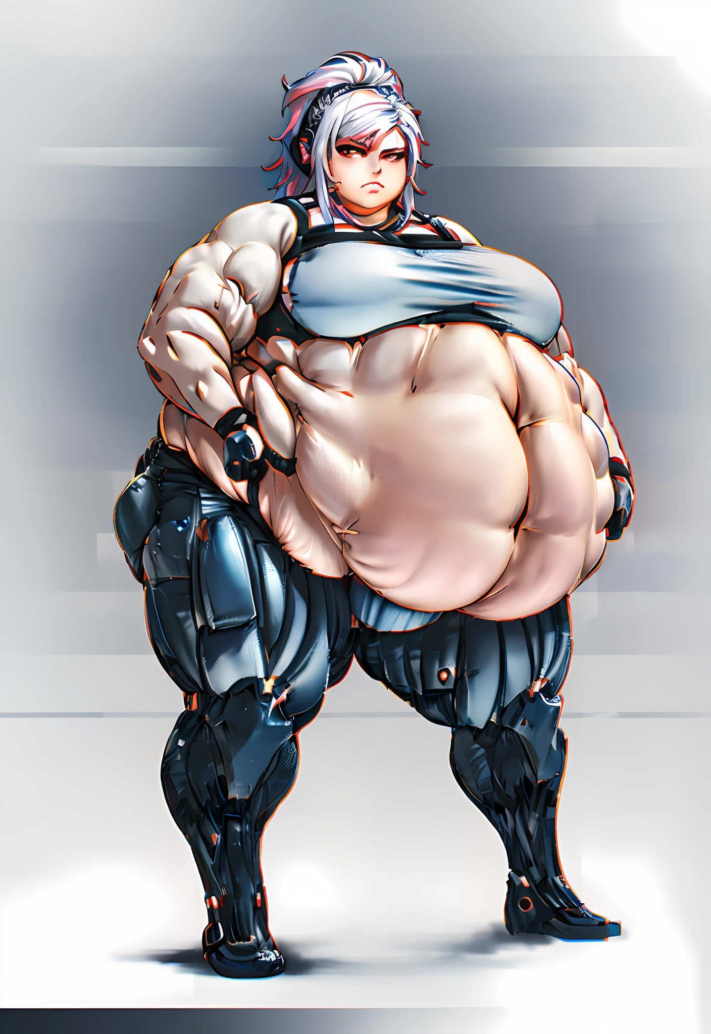 a anime styled image of a fat man with a large white cybernetic Hammer in his hand, he has a jiggly fat round belly,( his belly is , large,fat and round), thicc, big belly, , body swelling about to explode, belly exposed, thicc build, fatbody, fat belly,(( large Thick hips)) ,(( large fat Thighs, large Fat round but))t , (Short build), ((White hair with Blue and Pink Streaks)) androgynous, morbidly obese , Femboy , Messy hair, SFW, High quality, expression( annoyed and Angered) pose(one Hand Grabbing belly ),((High quality, masterpiece High aesthetic))