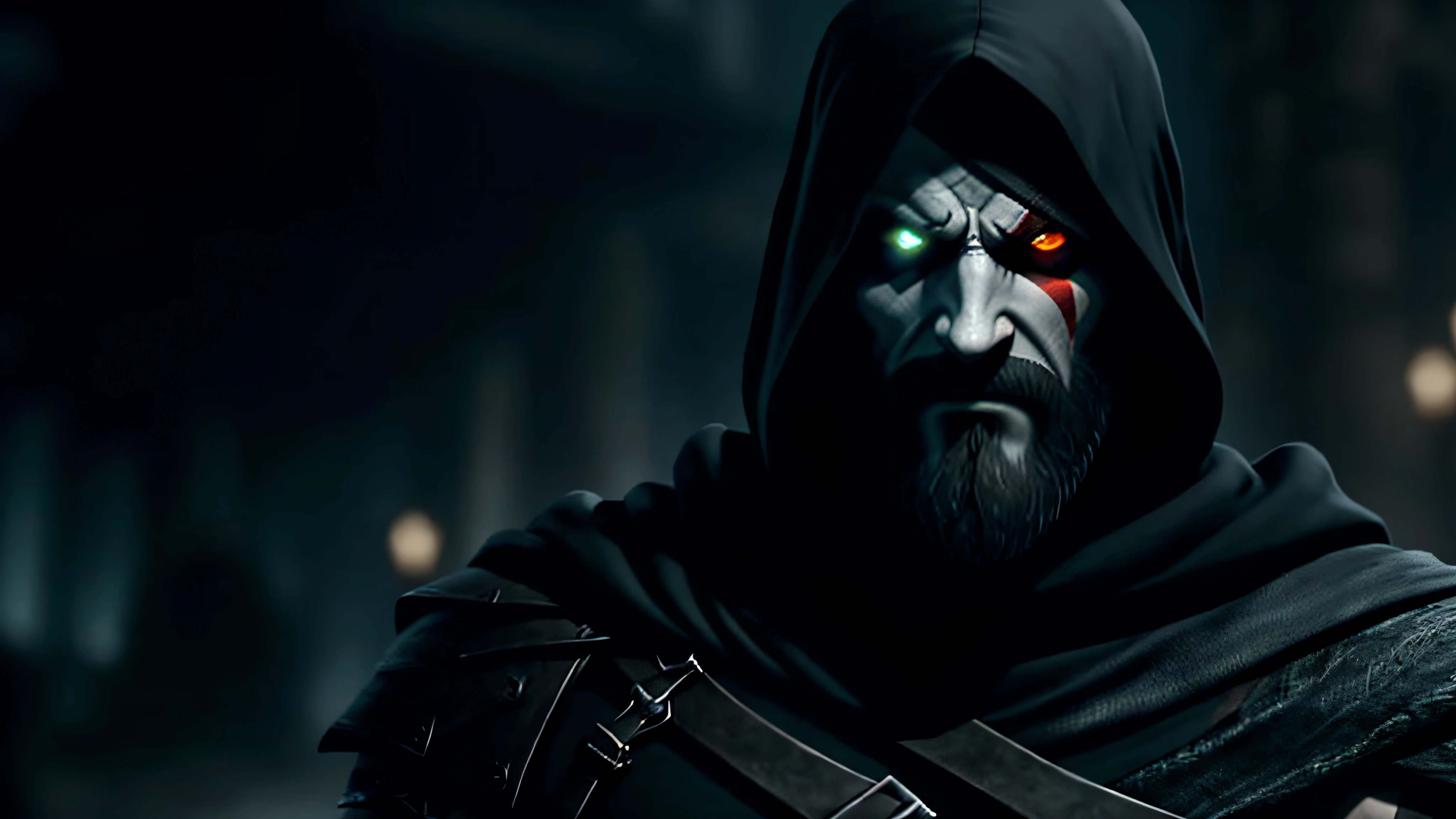 Stealth assin - Kratos surprises with this unexpected look. Cloaked in a dark, shadowy ensemble, his traditional attire is replaced by a sleek, form-fitting black suit that allows for agile movements. His face remains concealed beneath a hood, emphasizing his secretive intent.