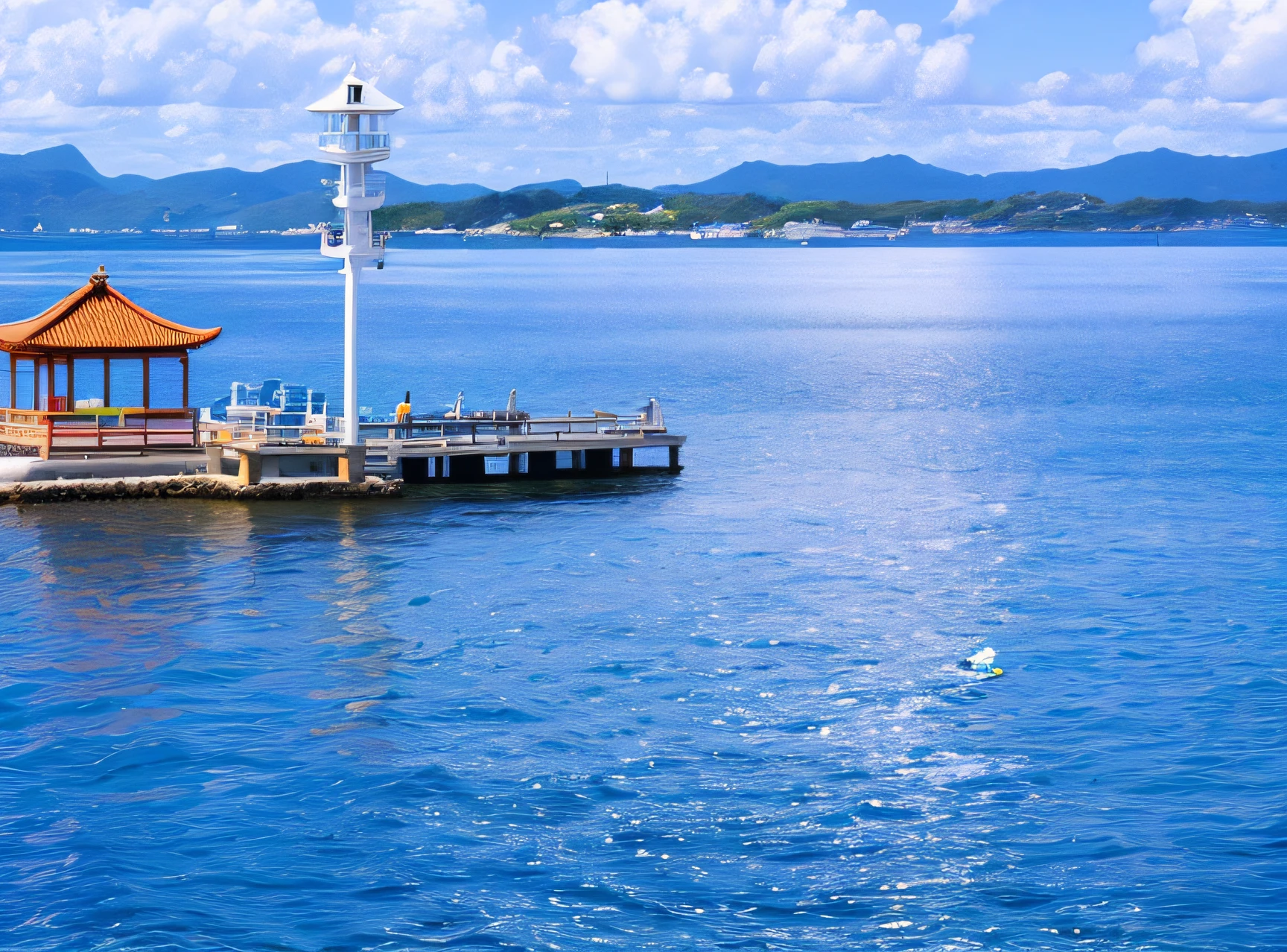 In the middle of the water there is a small pier with a gazebo, okinawa japan, island in a blue sea, japan shonan enoshima, near a jetty, calm ocean landscape, Blue waters, an island in the background, the photo shows a large, azure blue water, cove, Blue water, harbour, view from above on seascape --auto