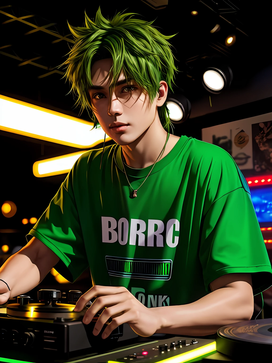 (best quality), (photo-realistic:1),realistic skin texture,bokeh,face focus ,looking at viewer,
1man,DJ，play music，upper body，green hair，head set，messy hair，oversize t-shirt, Motorcycle leather,
night club，neno light，color led，record player，stereo equipment，