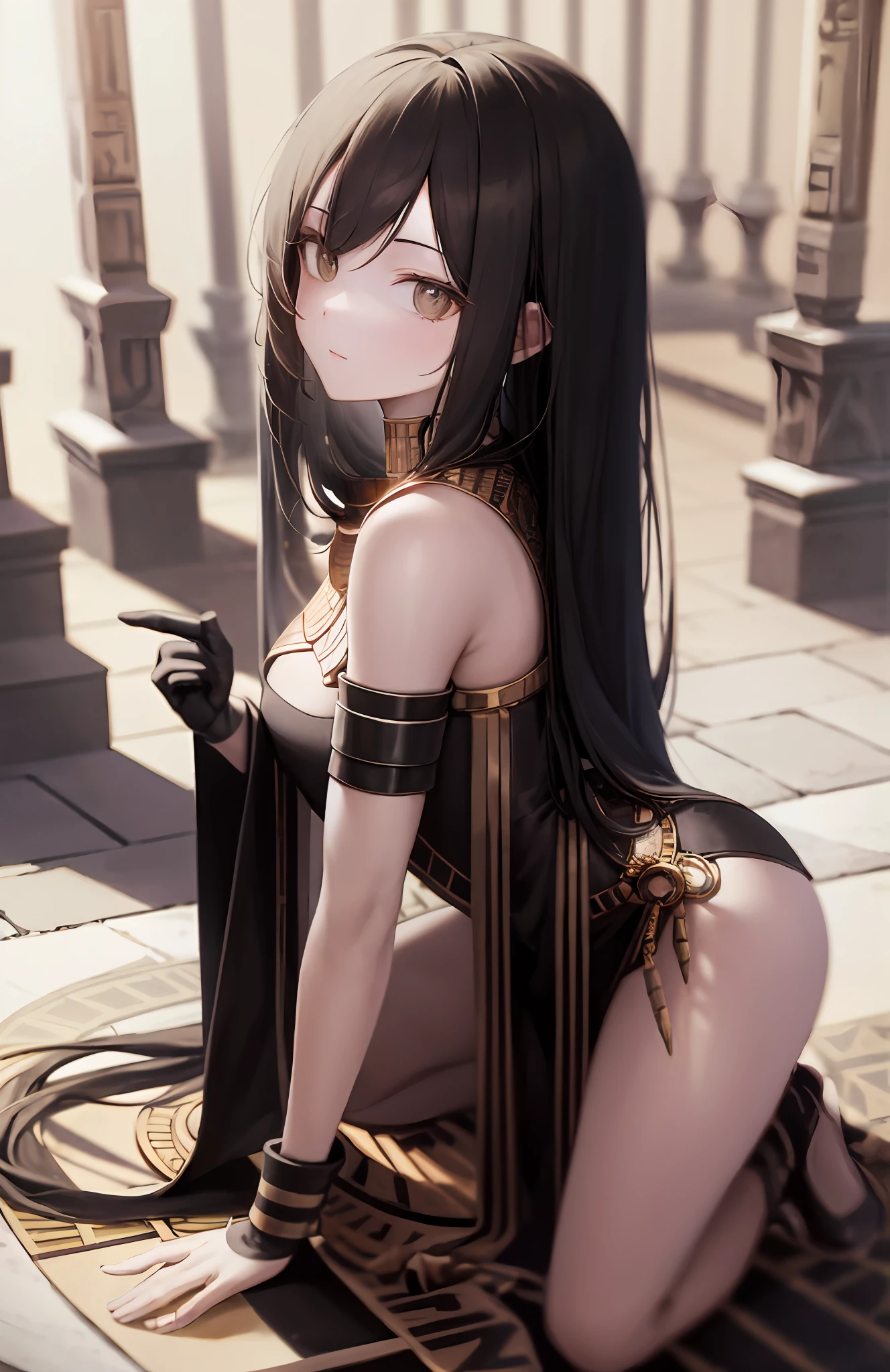 ((best qualtiy)), ((tmasterpiece)), (the detail:1.4), 3D,Normal posture, Beautiful mature woman in ancient Egyptian style,(Kneeling pose,point you by ass)(Exquisite and simple ancient Egyptian costumes,White dress:1.9),(black long straight hair:1.6),(Ancient Egyptian temples,Ancient Egyptian temples:1.6),closeup of face,Extremely normal hands,Extremely normal legs,hdr(HighDynamicRange),Ray traching,NVIDIA RTX,Hyper-Resolution,Unreal 5,Subsurface scattering、PBR Texture、post-proces、Anisotropy Filtering、depth of fields、maximum definition and sharpness、Many-Layer Textures、Albedo e mapas Speculares、Surface coloring、Accurate simulation of light-material interactions、perfectly proportions、rendering by octane、Two-colored light、largeaperture、Low ISO、White balance、the rule of thirds、8K raw data、